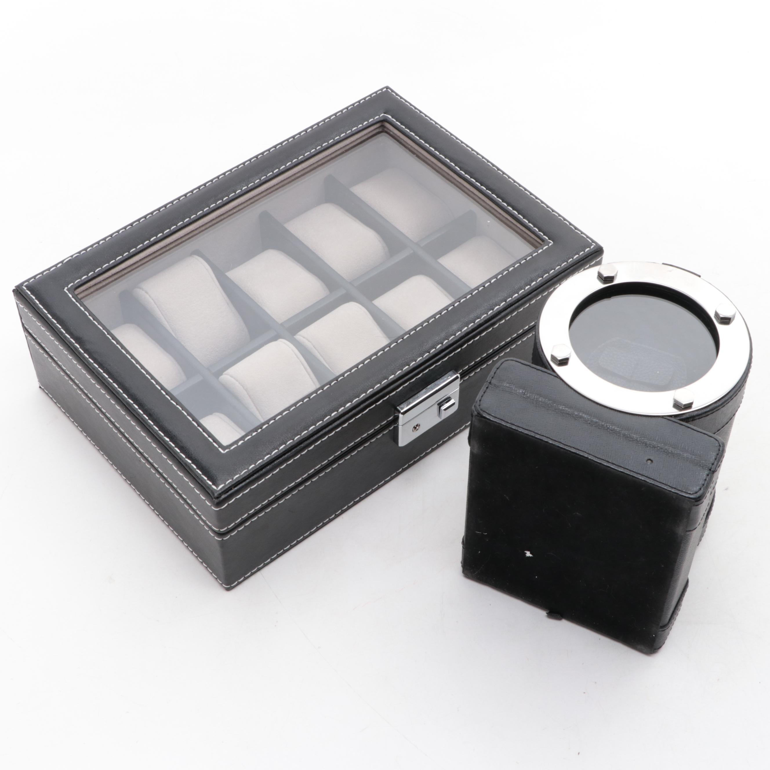 Bey-Berk Leather Single Watch Winder with Black Faux Leather Watch Case