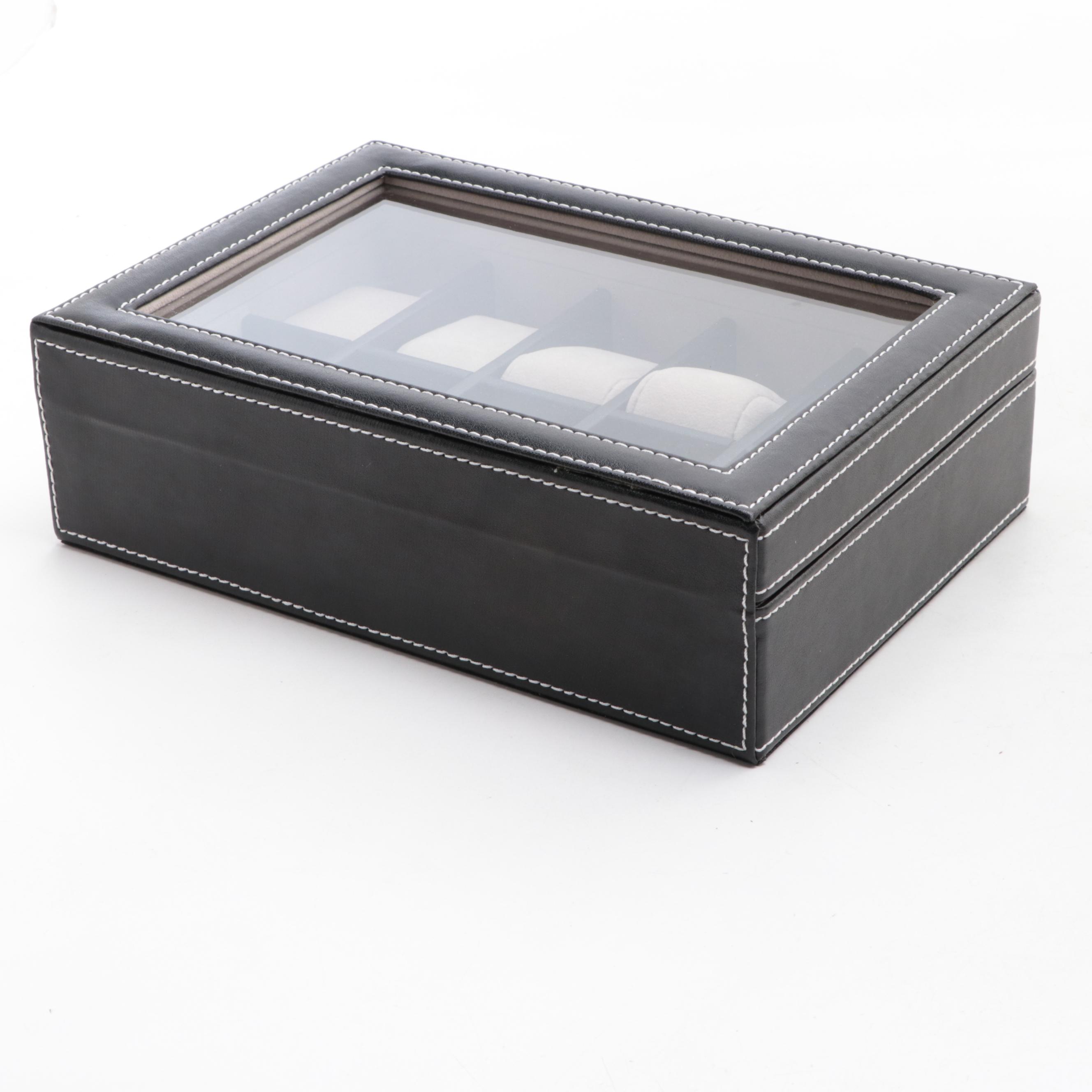 Bey-Berk Leather Single Watch Winder with Black Faux Leather Watch Case