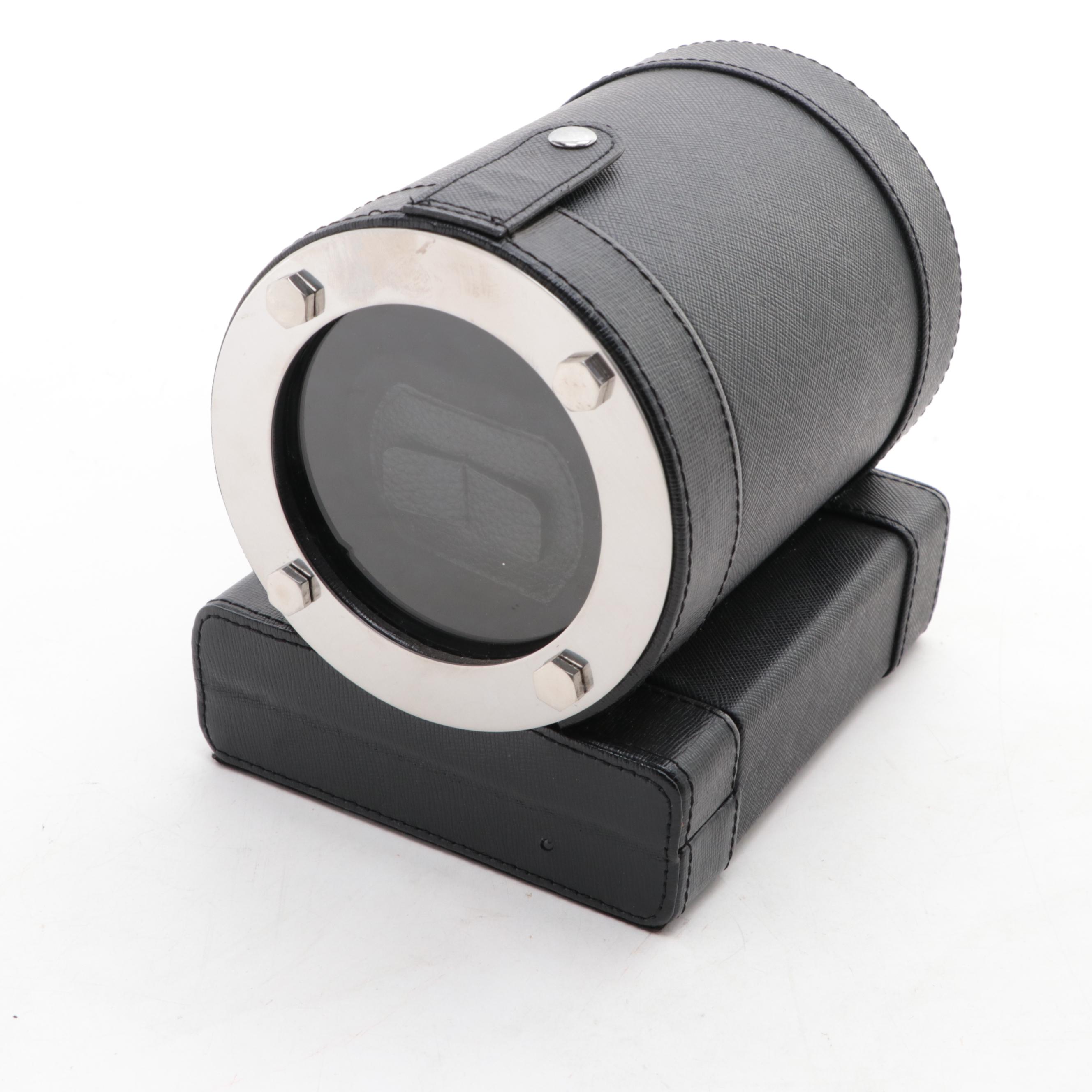 Bey-Berk Leather Single Watch Winder with Black Faux Leather Watch Case