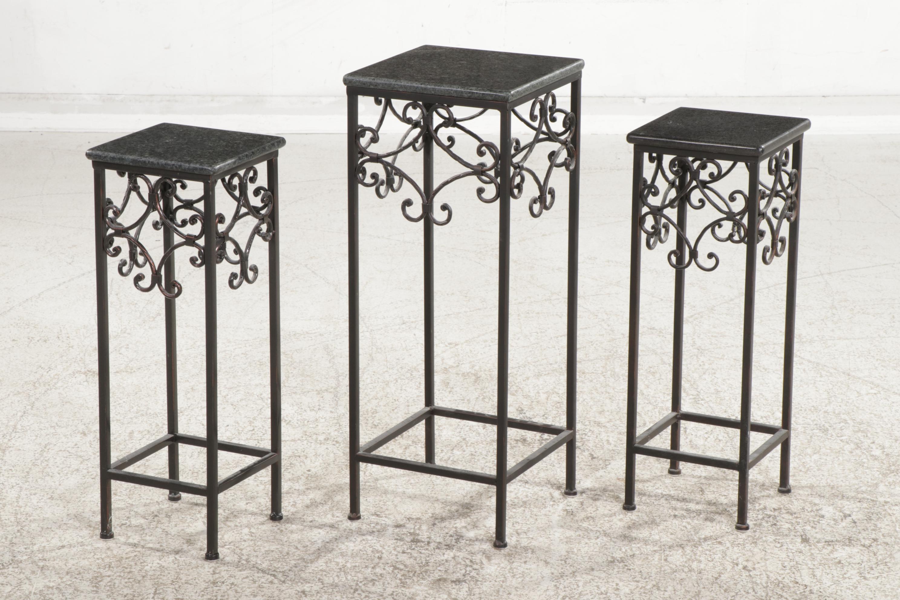 Group of Three Scrolled Metal and Granite Top Plant Stands