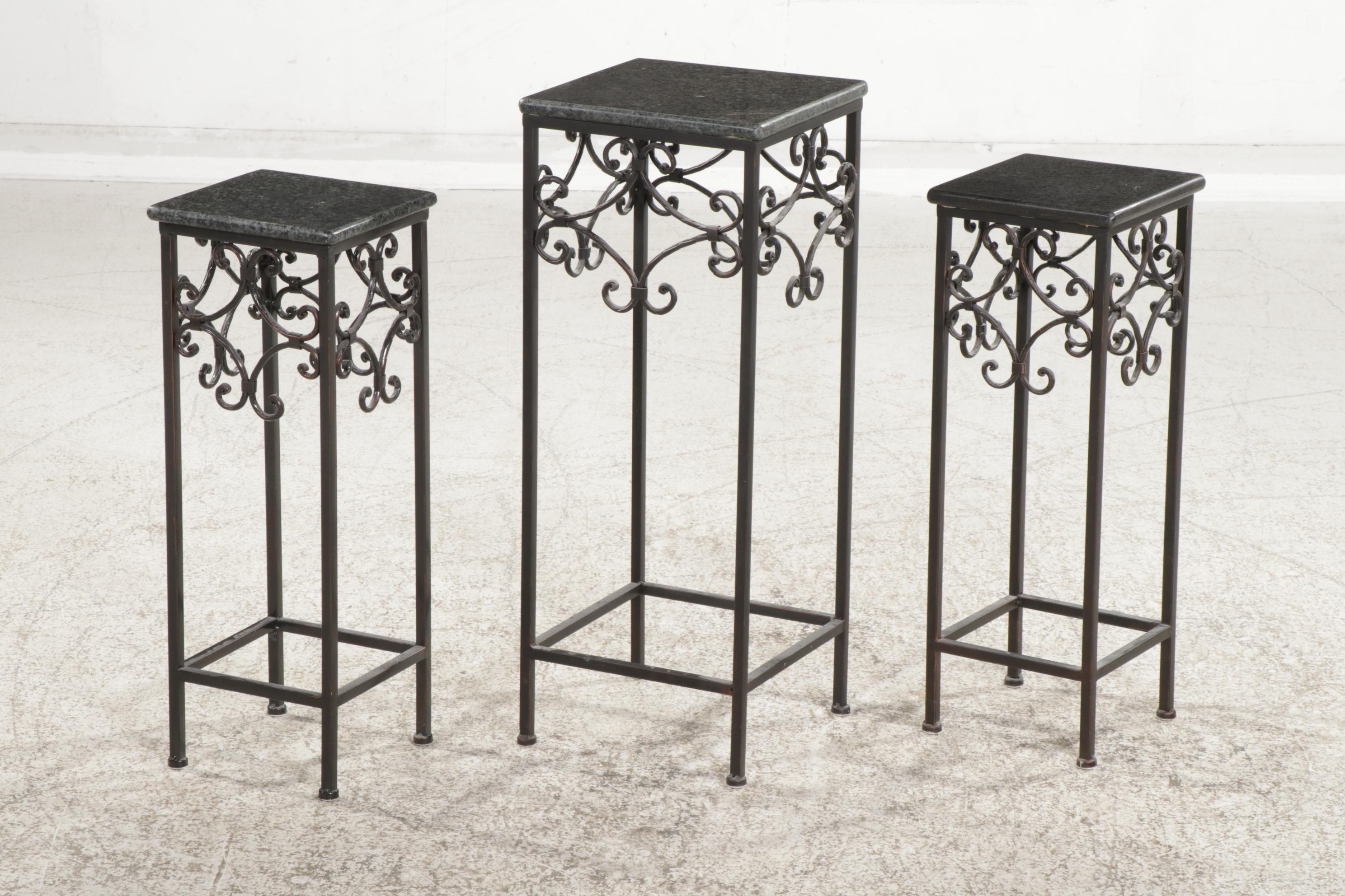 Group of Three Scrolled Metal and Granite Top Plant Stands