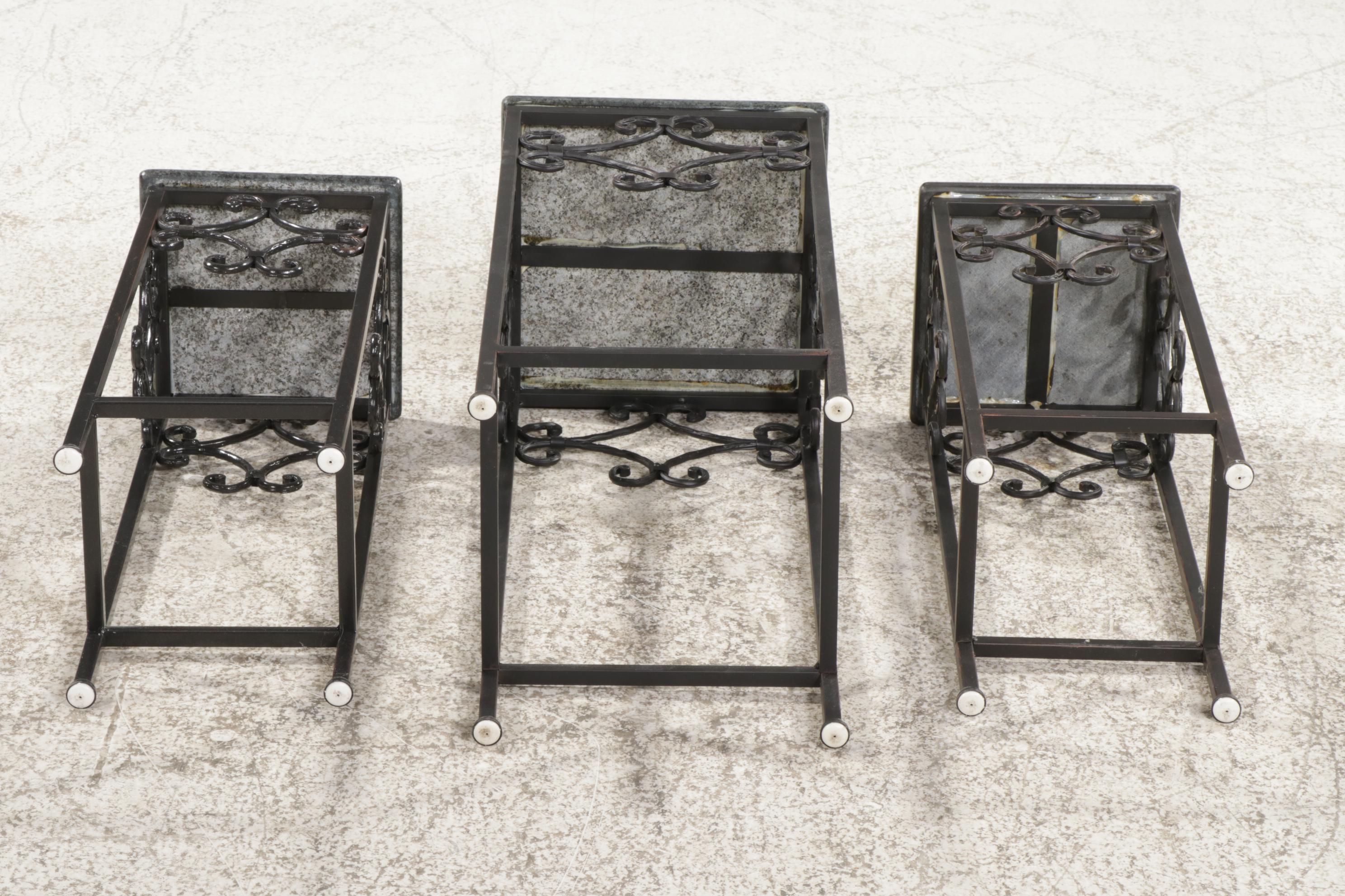 Group of Three Scrolled Metal and Granite Top Plant Stands
