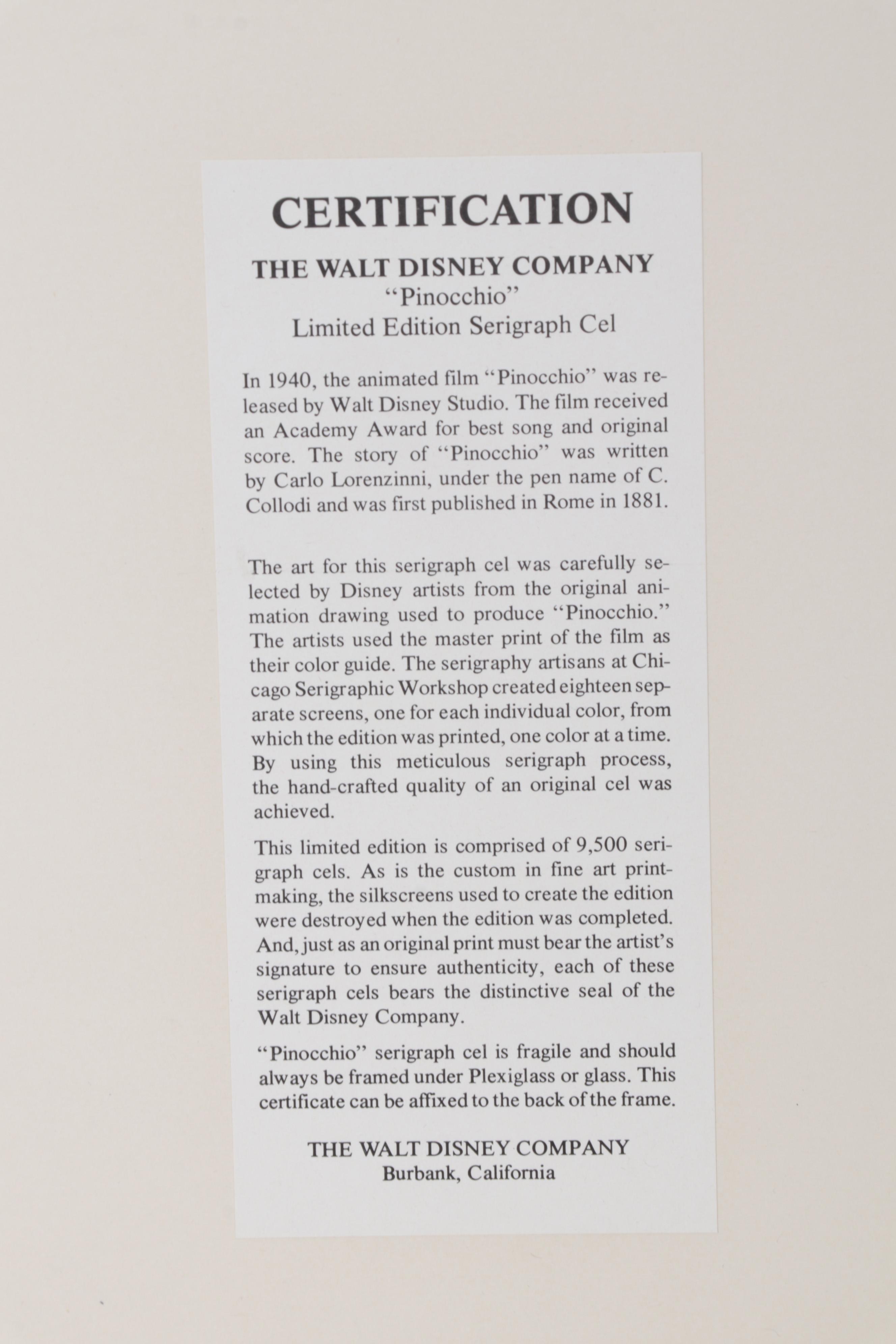 Walt Disney Company "Pinocchio" Animation Serigraph Cel, Circa 2000