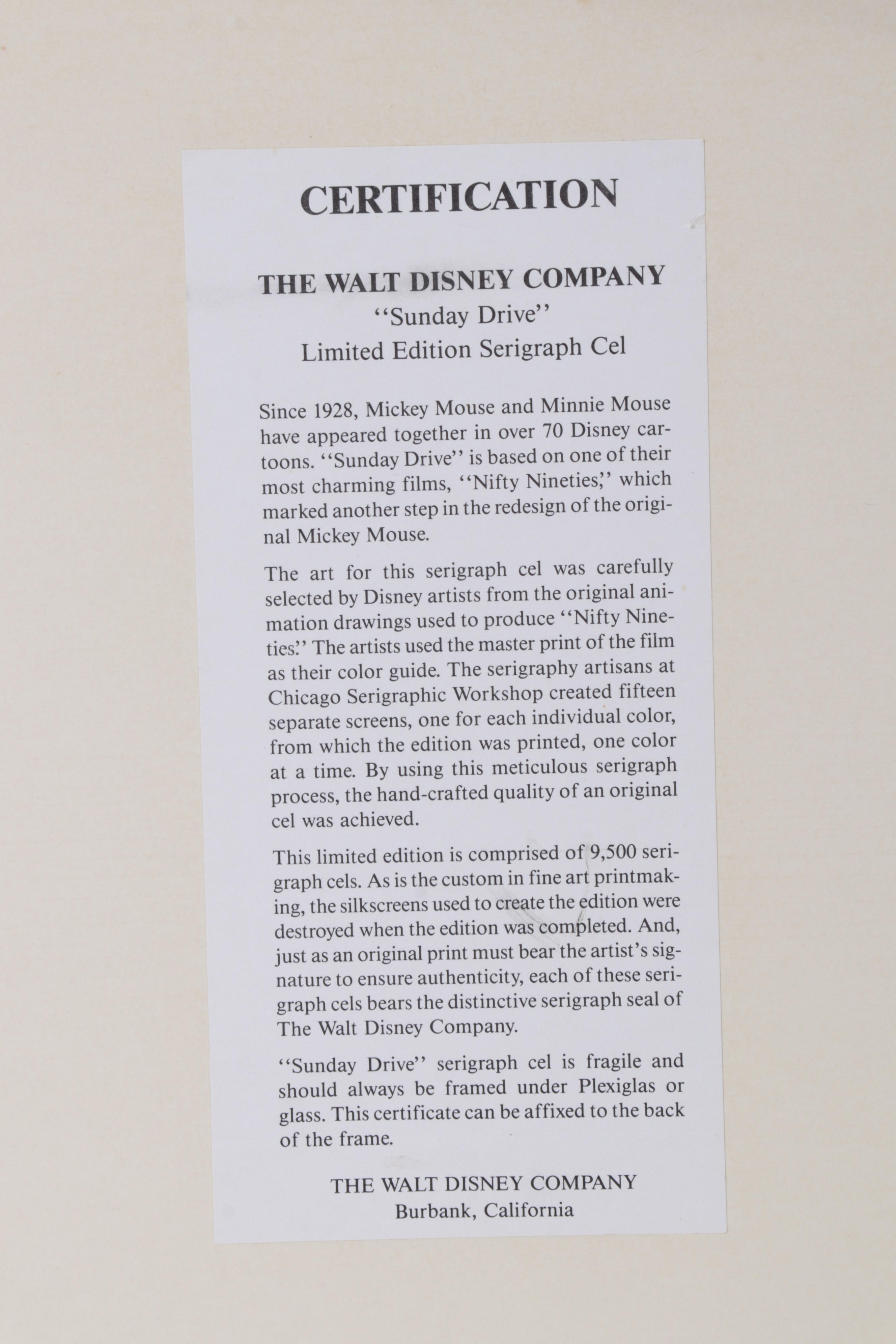 Walt Disney Company "Sunday Drive" Animation Serigraph Cel, Circa 2003