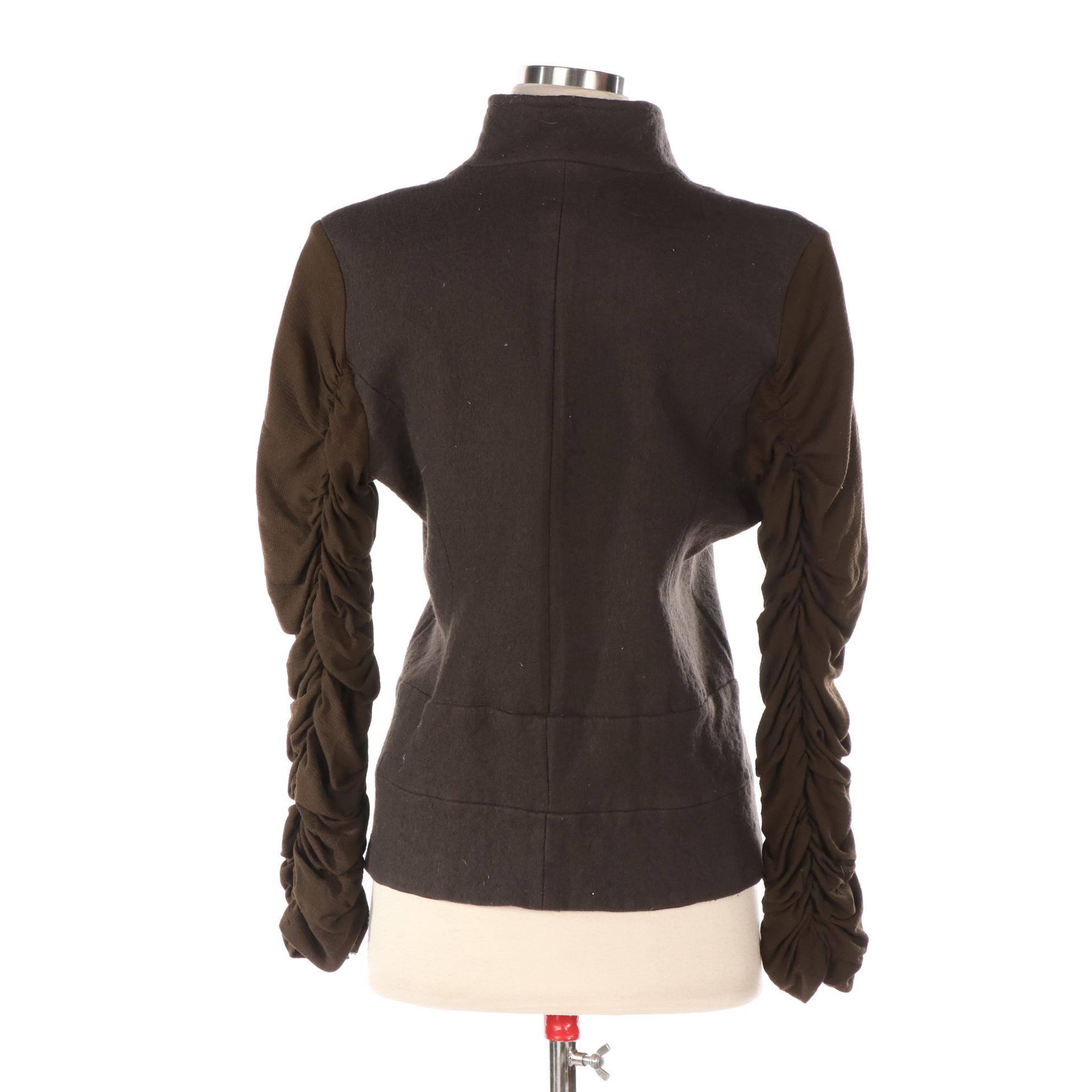 Yoshi Ogawa Belted Jacket in Brown Wool with Ruched Contrast Sleeves