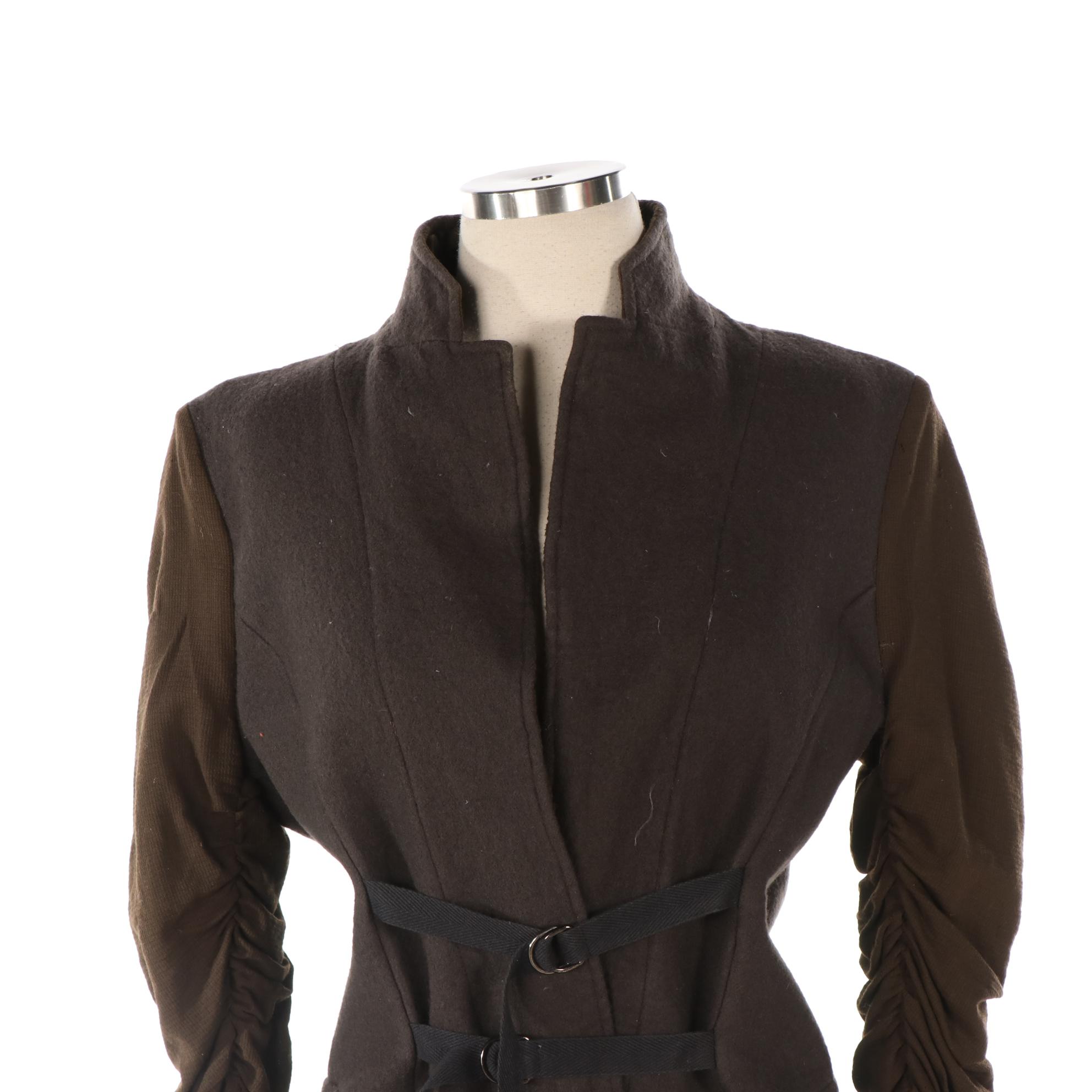 Yoshi Ogawa Belted Jacket in Brown Wool with Ruched Contrast Sleeves
