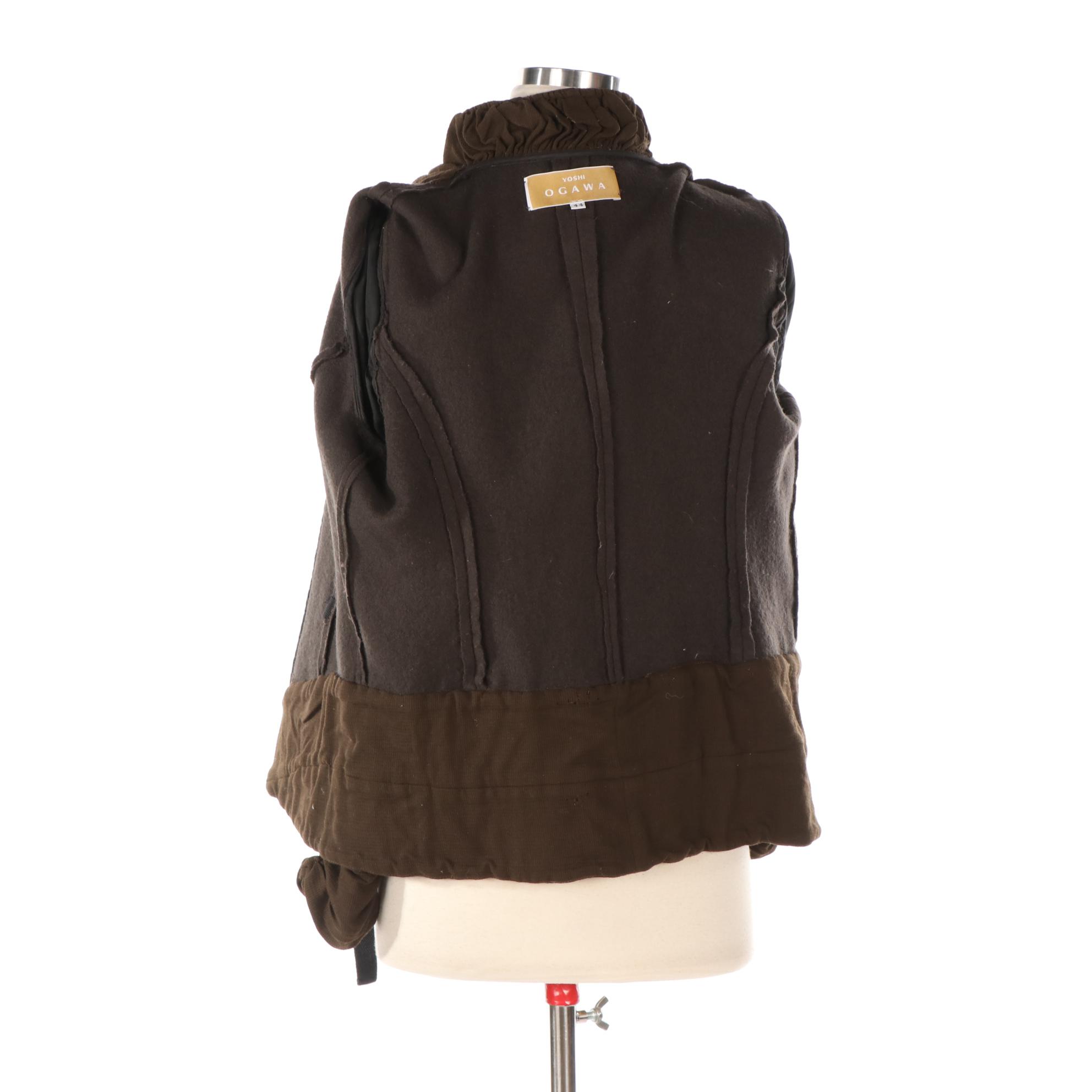 Yoshi Ogawa Belted Jacket in Brown Wool with Ruched Contrast Sleeves