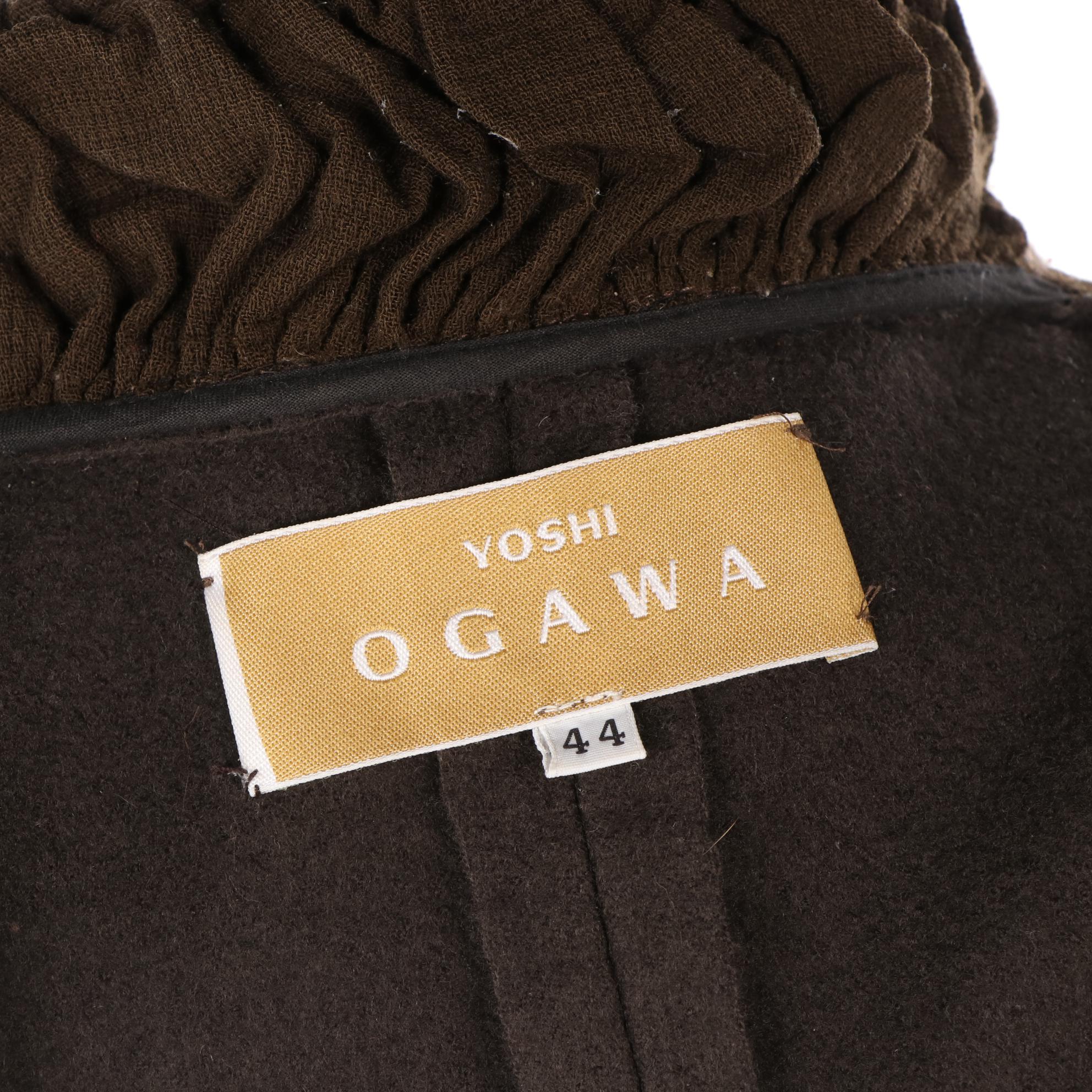 Yoshi Ogawa Belted Jacket in Brown Wool with Ruched Contrast Sleeves