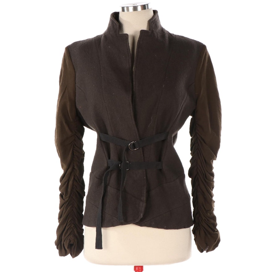 Yoshi Ogawa Belted Jacket in Brown Wool with Ruched Contrast Sleeves