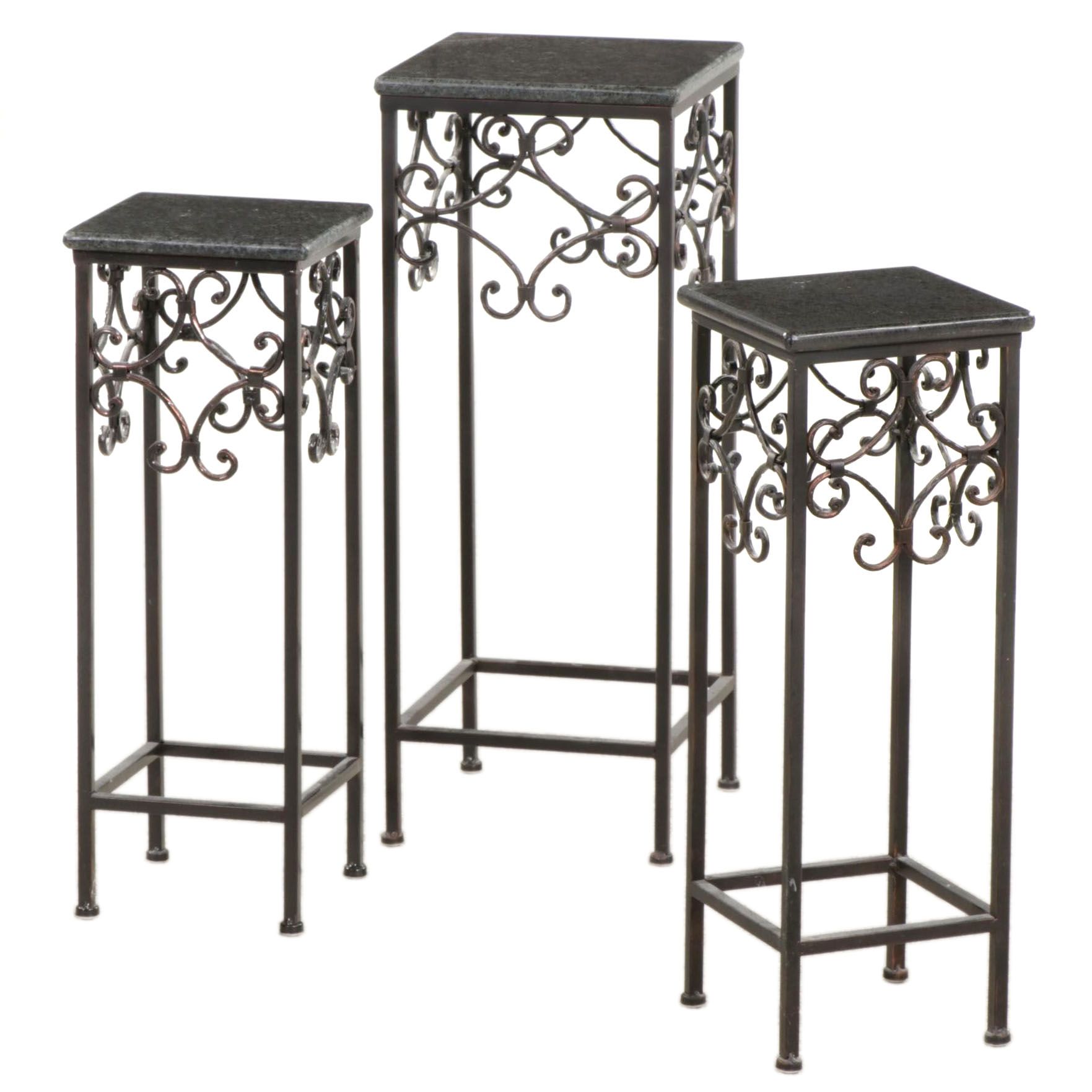 Group of Three Scrolled Metal and Granite Top Plant Stands