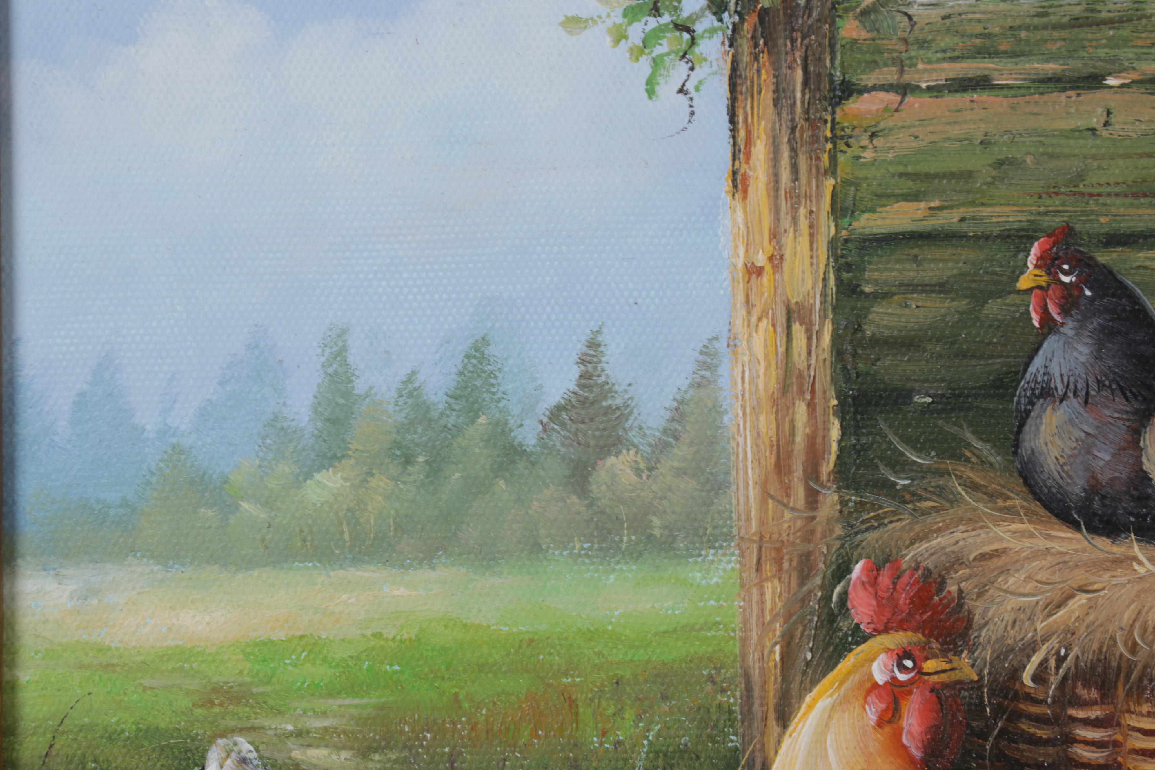 Folk Art Oil Painting of Rooster and Hens in Barnyard, Circa 2000