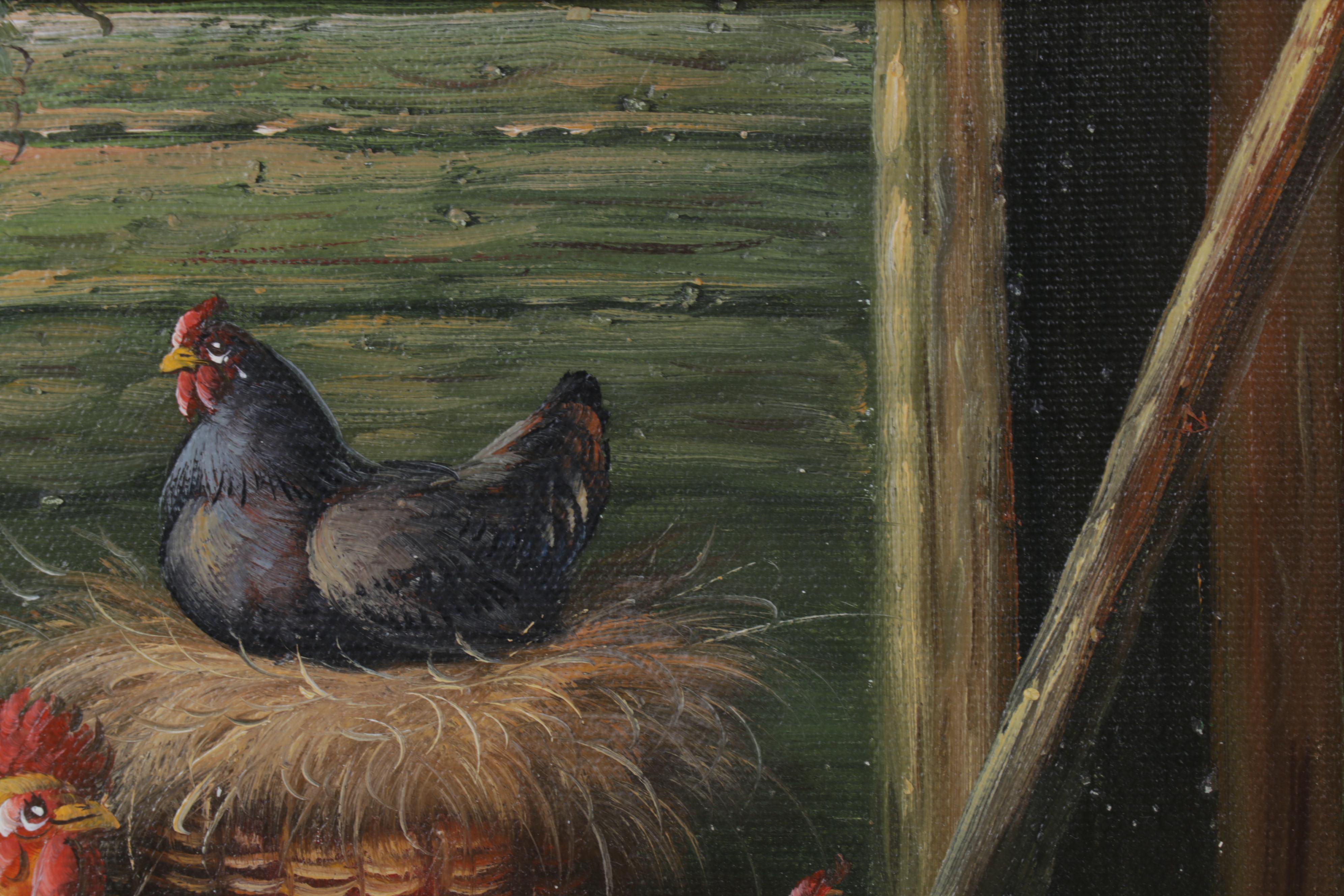 Folk Art Oil Painting of Rooster and Hens in Barnyard, Circa 2000