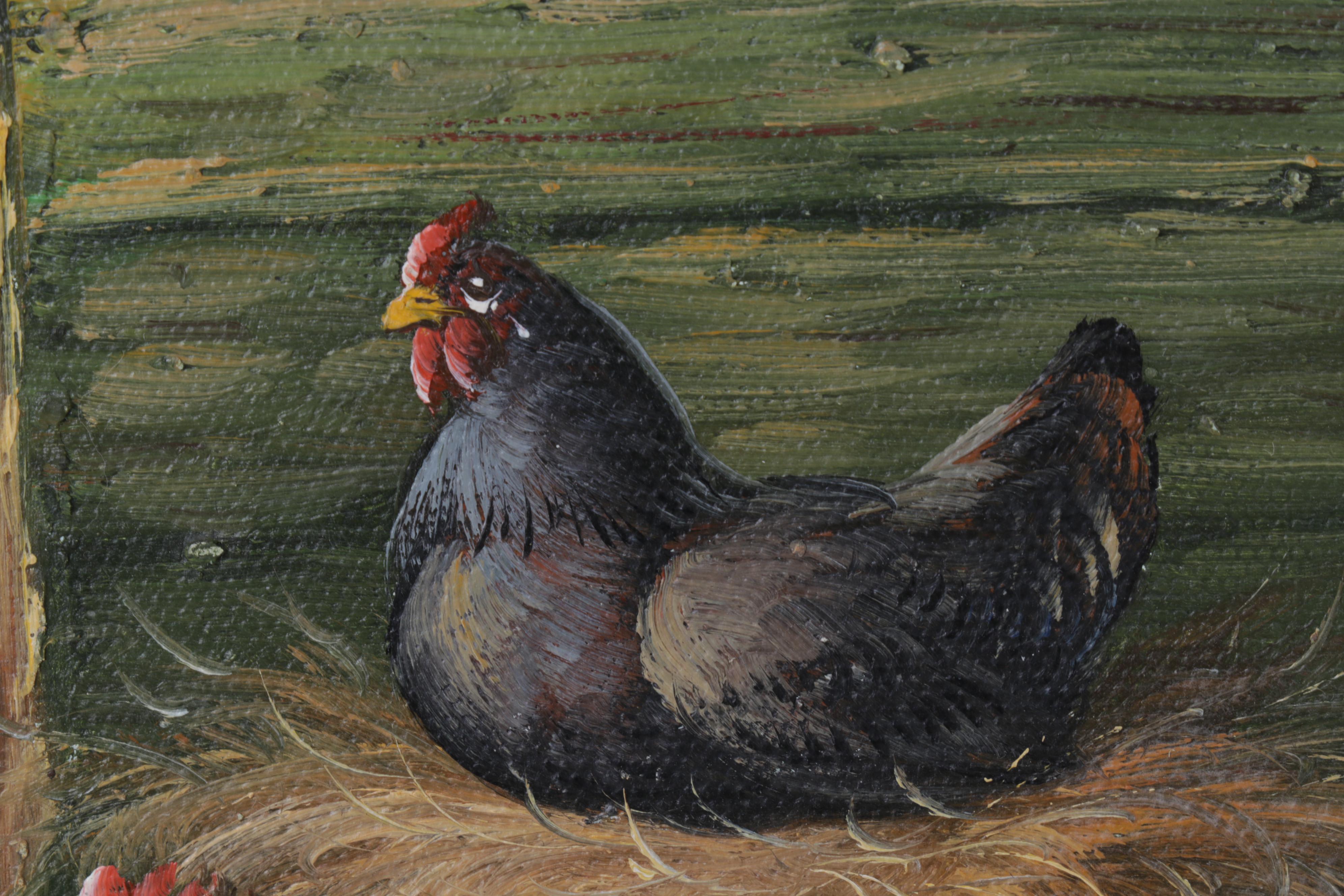 Folk Art Oil Painting of Rooster and Hens in Barnyard, Circa 2000