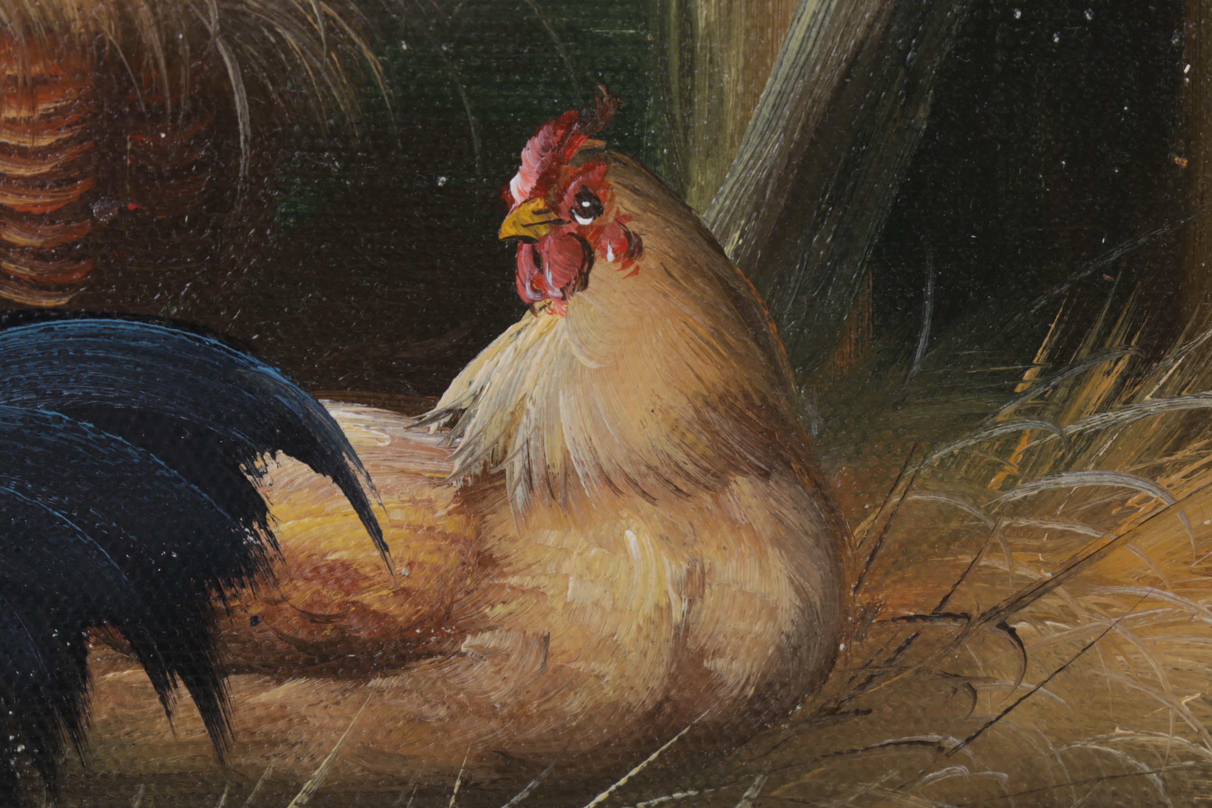 Folk Art Oil Painting of Rooster and Hens in Barnyard, Circa 2000
