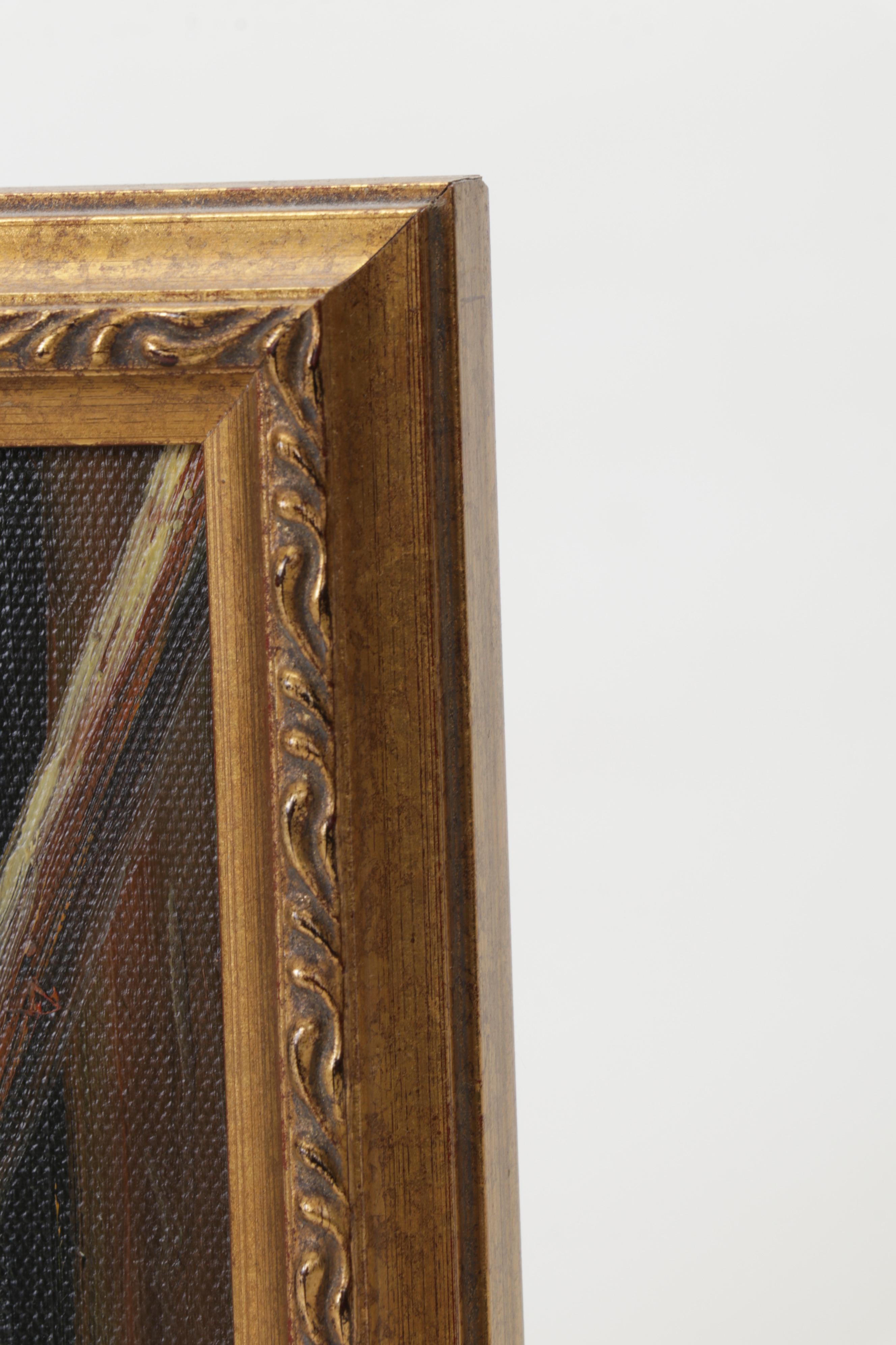 Folk Art Oil Painting of Rooster and Hens in Barnyard, Circa 2000