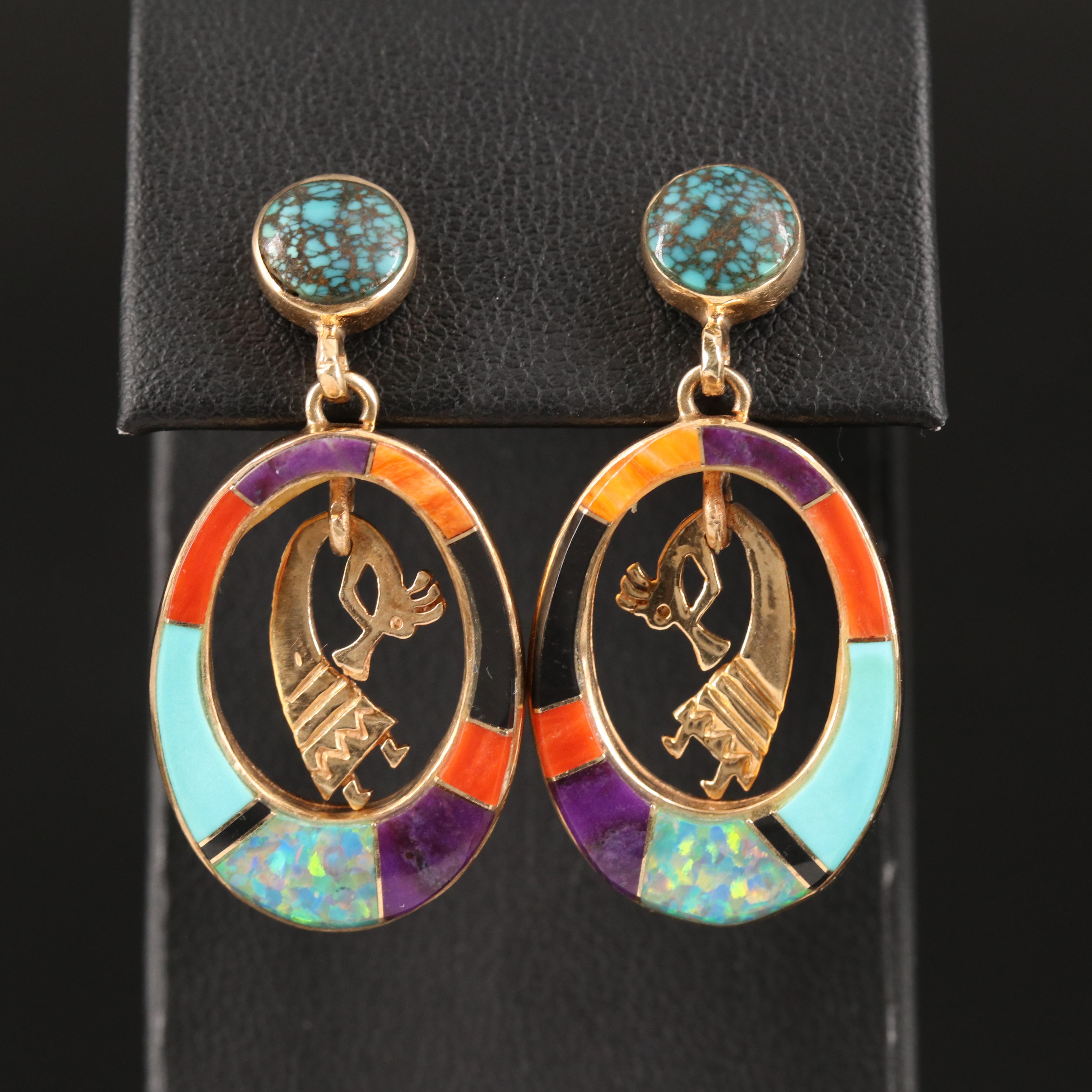 Calvin Bengay Navajo Diné 14K Turquoise, Coral and Gemstone Kokopelli Earrings