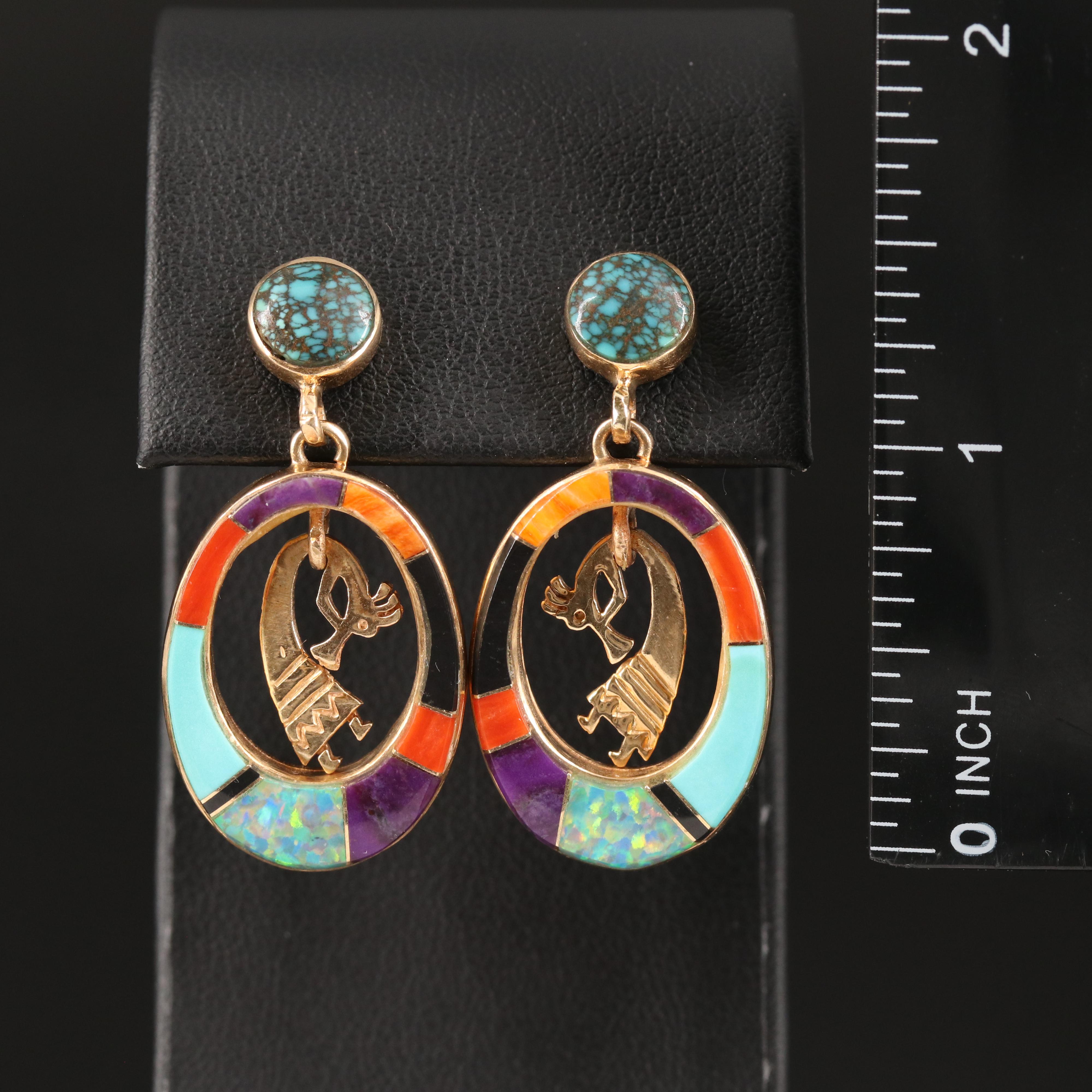 Calvin Bengay Navajo Diné 14K Turquoise, Coral and Gemstone Kokopelli Earrings