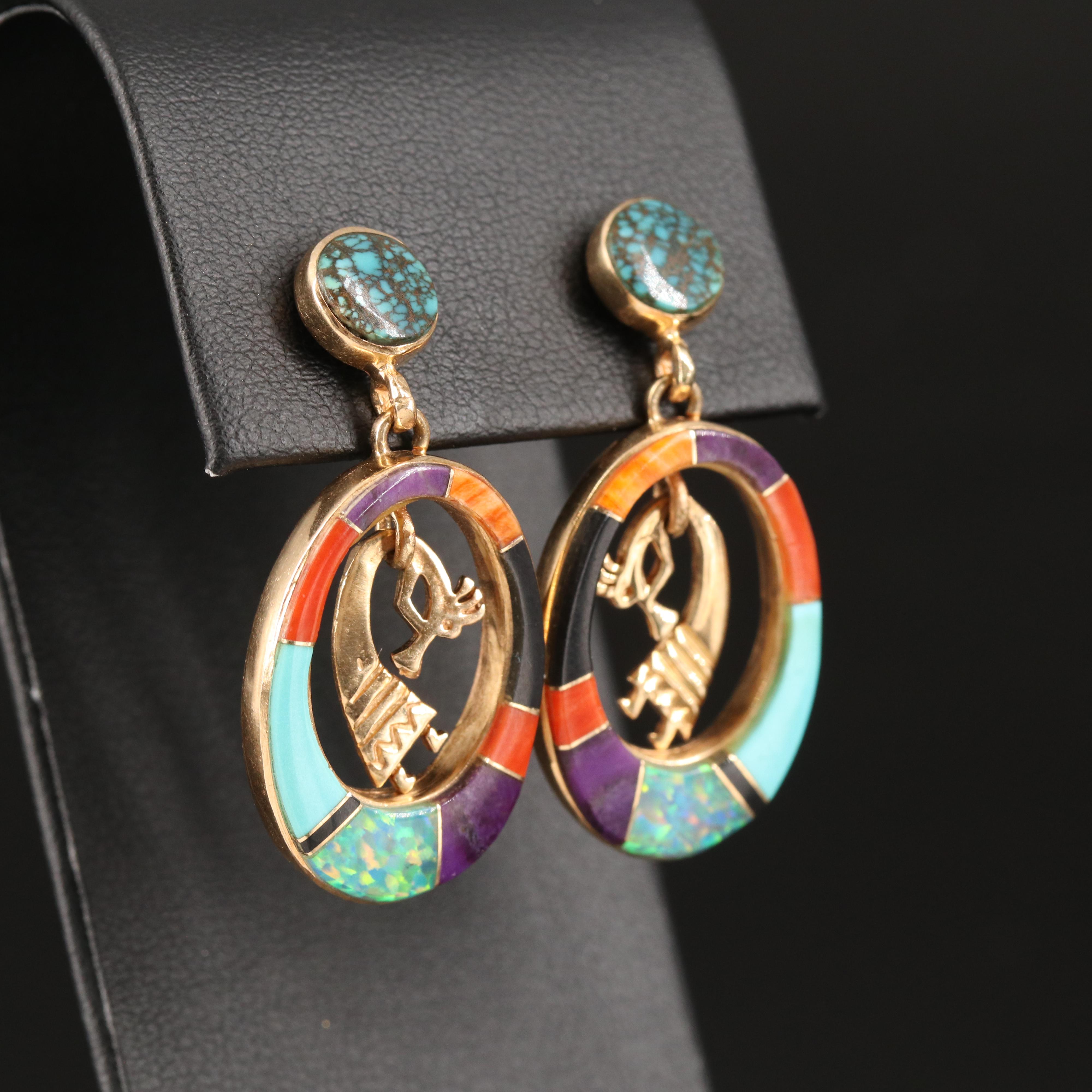 Calvin Bengay Navajo Diné 14K Turquoise, Coral and Gemstone Kokopelli Earrings