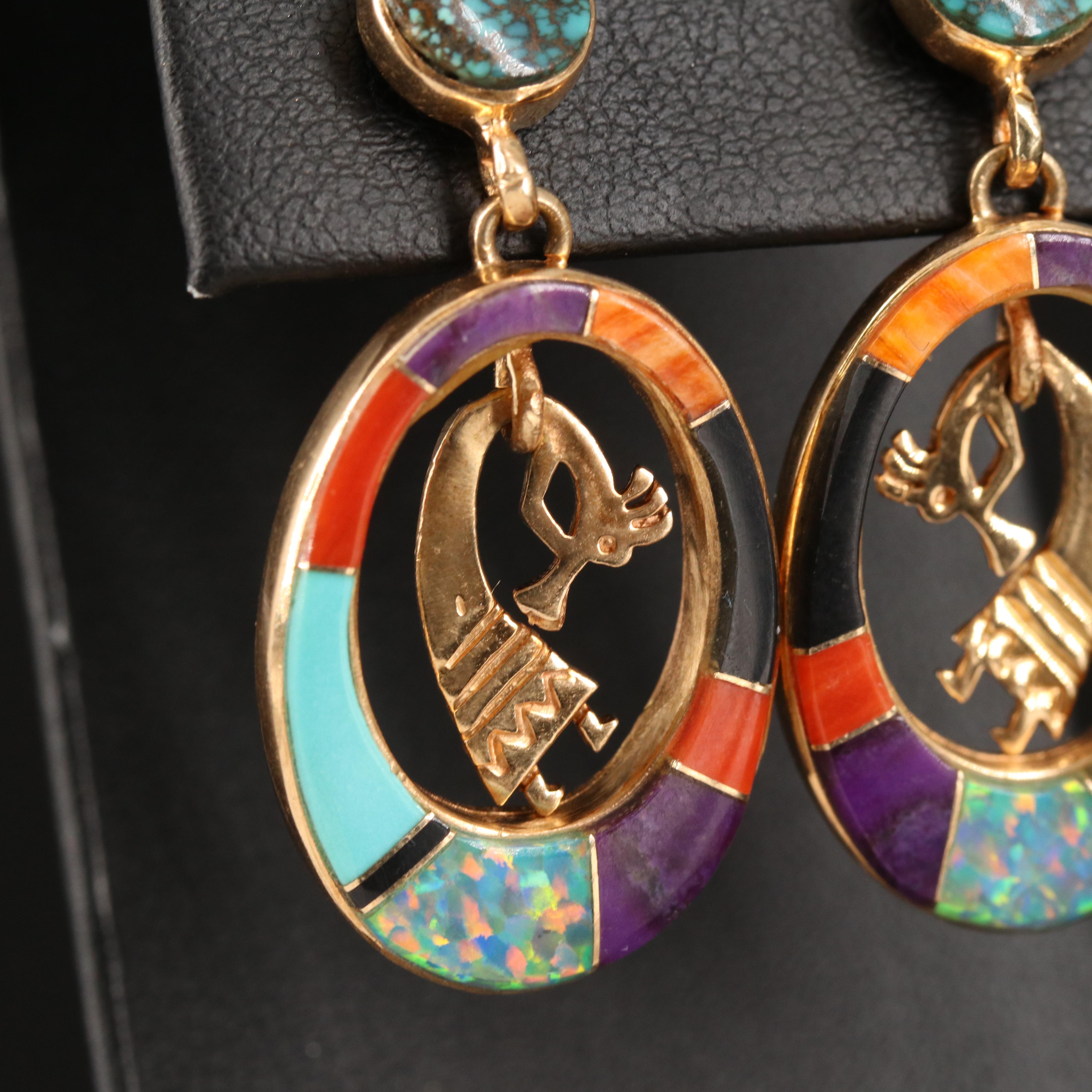 Calvin Bengay Navajo Diné 14K Turquoise, Coral and Gemstone Kokopelli Earrings
