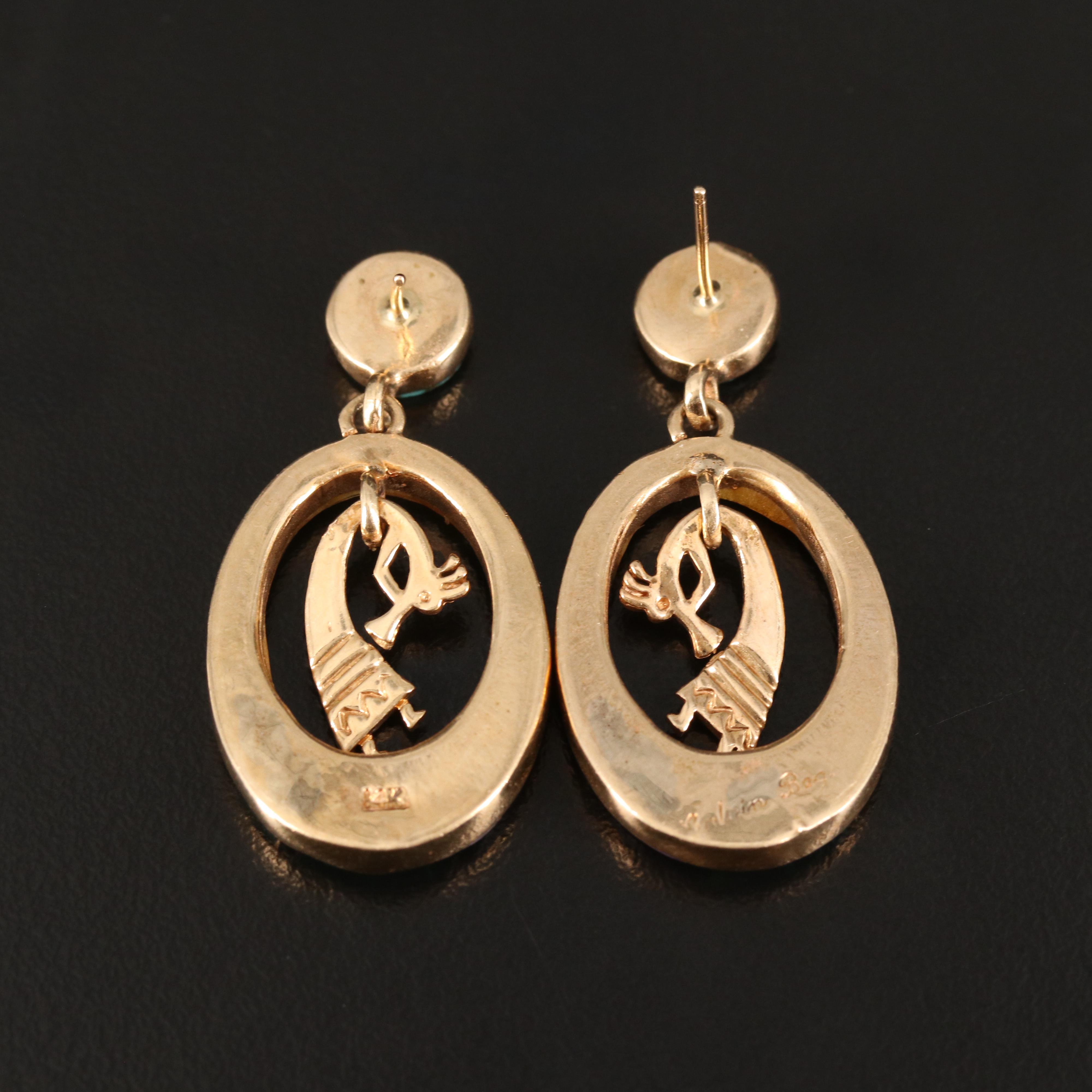 Calvin Bengay Navajo Diné 14K Turquoise, Coral and Gemstone Kokopelli Earrings