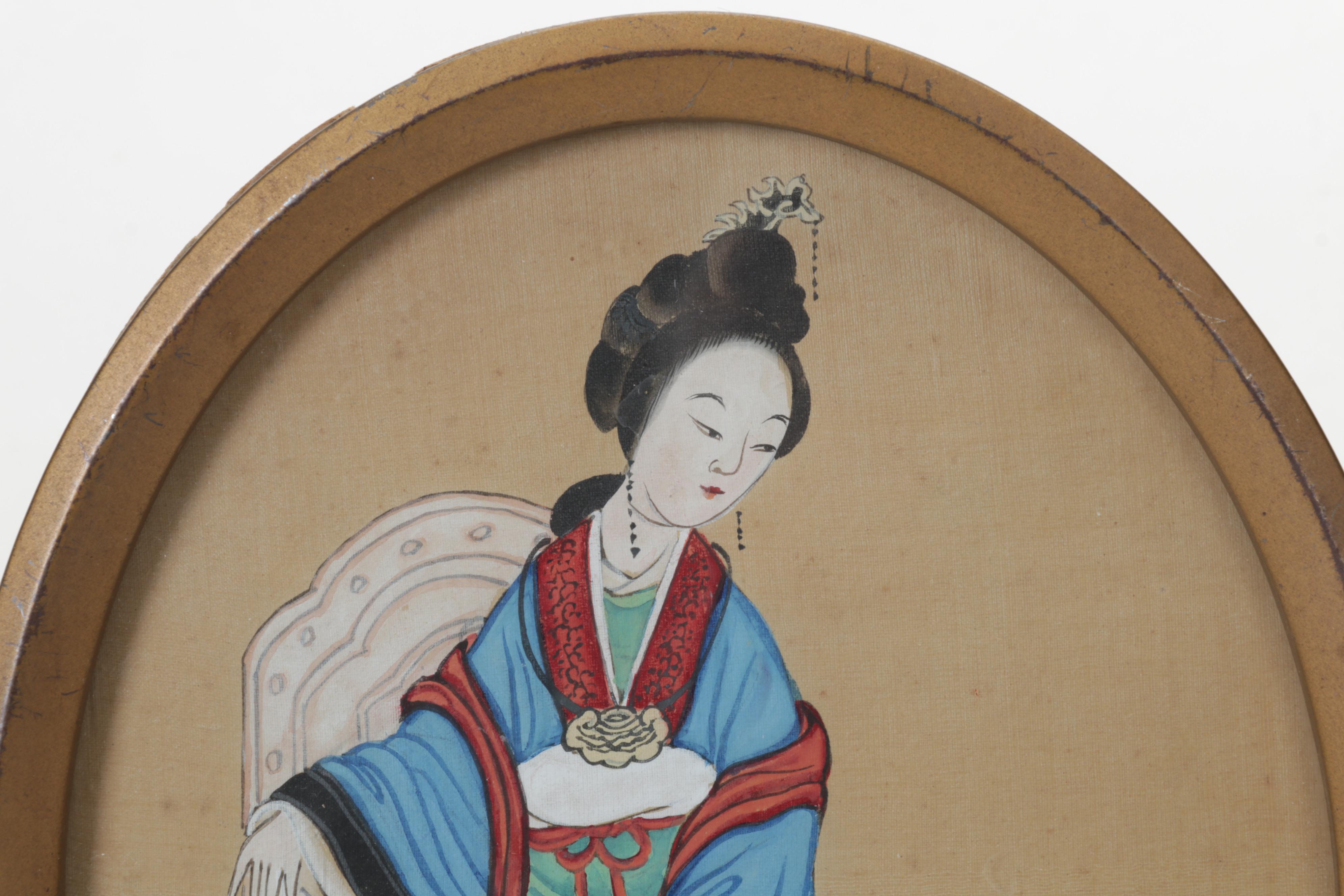 Chinese Female Portrait Gouache Painting on Silk Panel