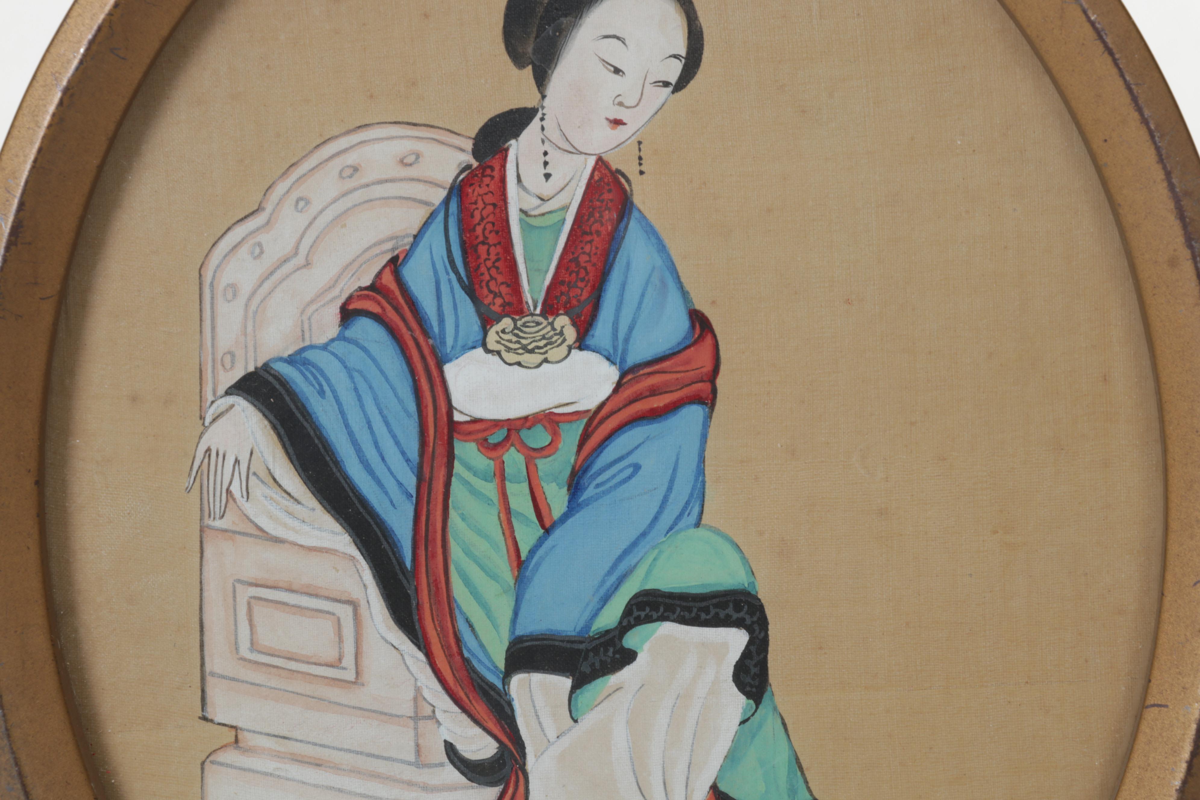 Chinese Female Portrait Gouache Painting on Silk Panel