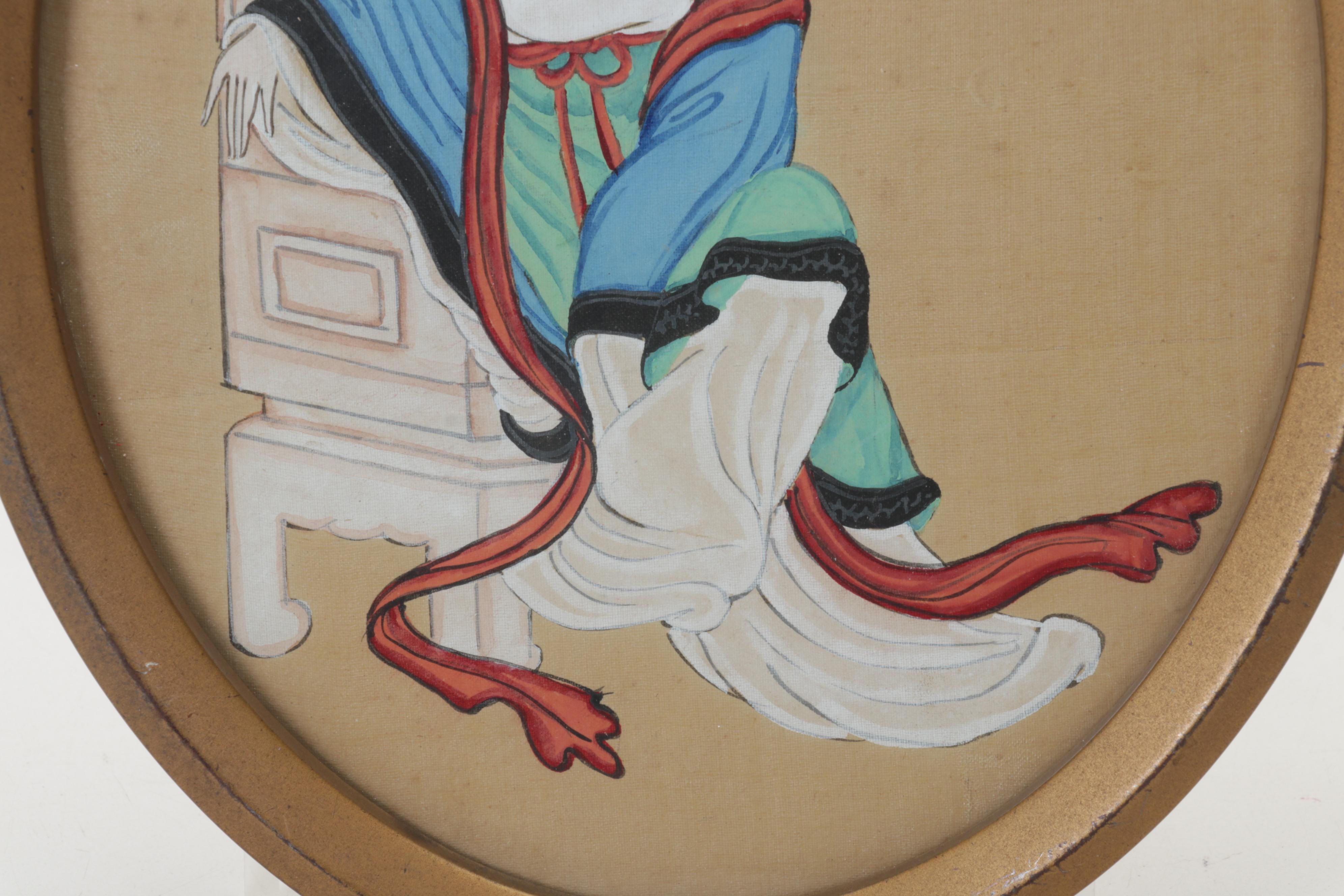 Chinese Female Portrait Gouache Painting on Silk Panel