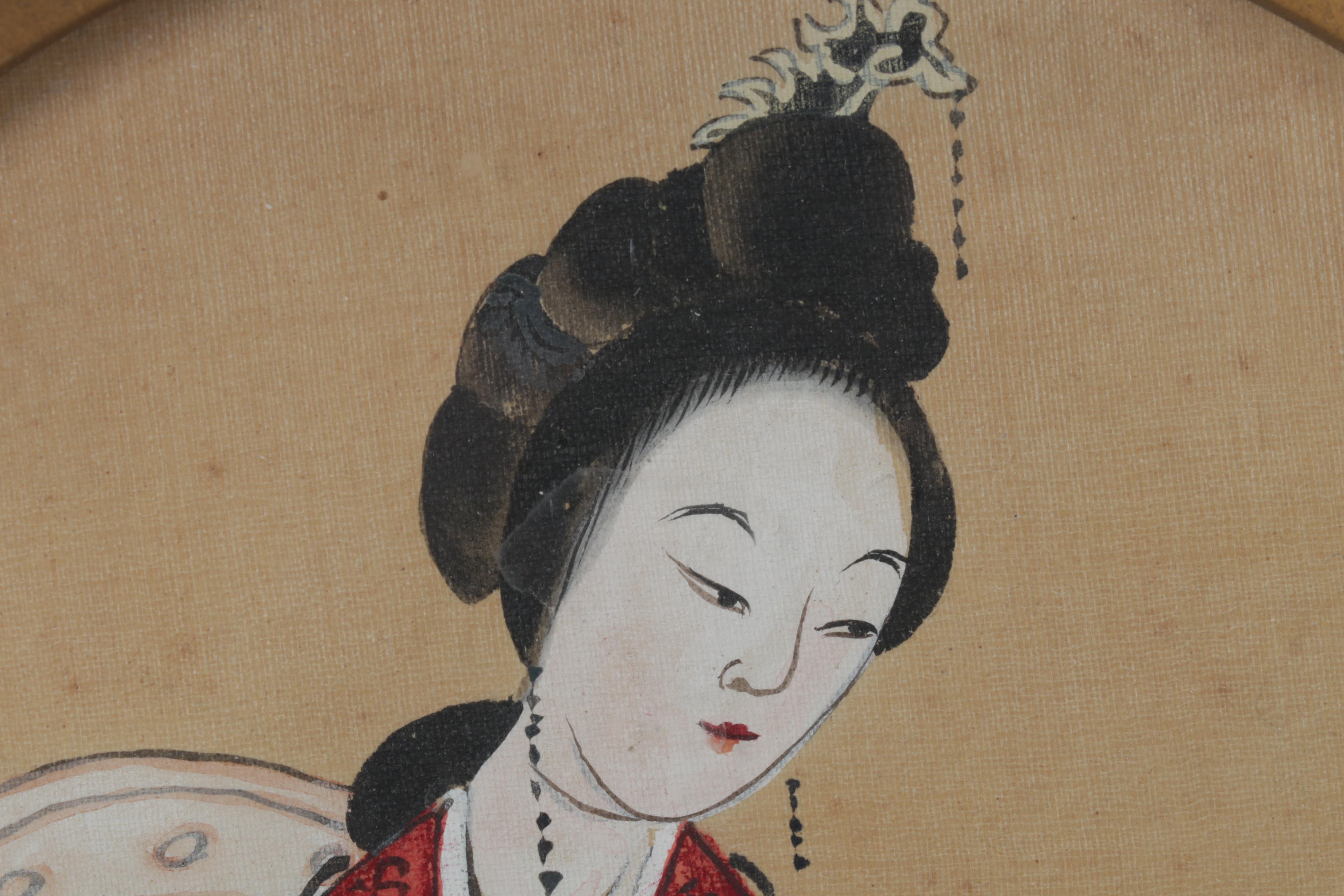 Chinese Female Portrait Gouache Painting on Silk Panel