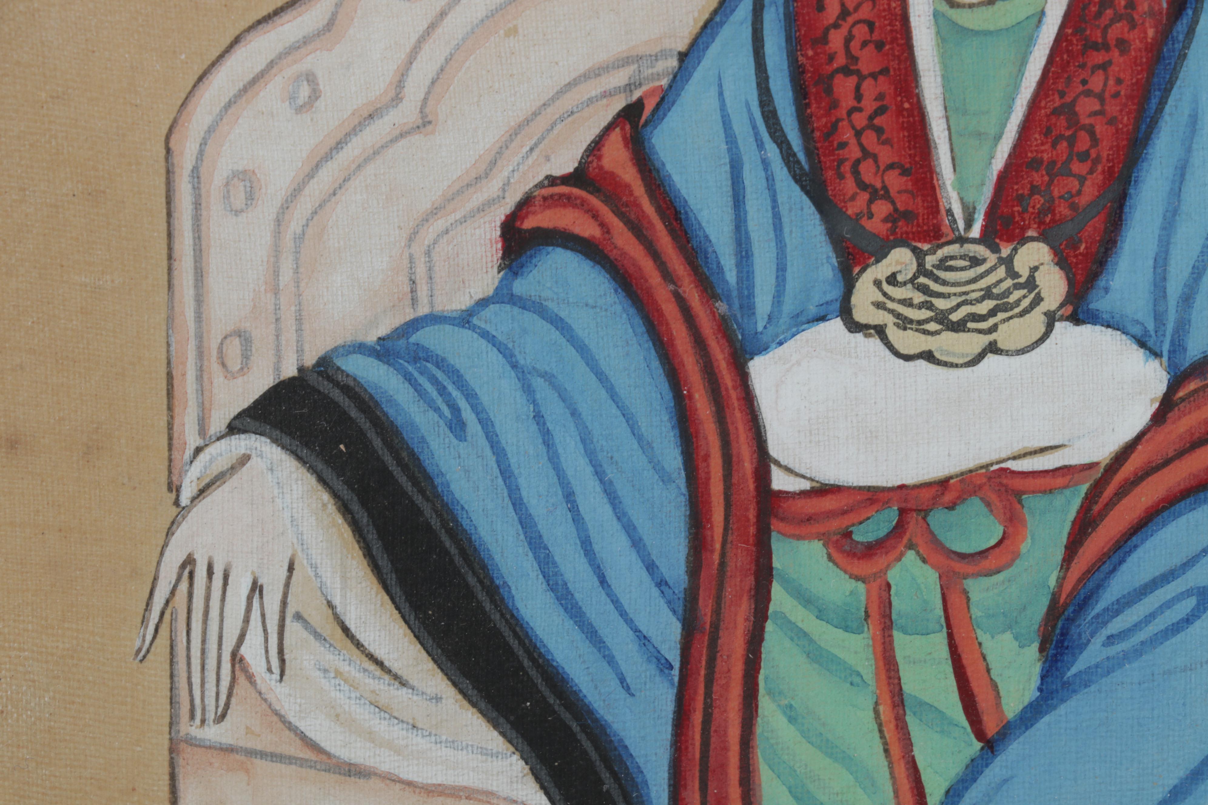 Chinese Female Portrait Gouache Painting on Silk Panel