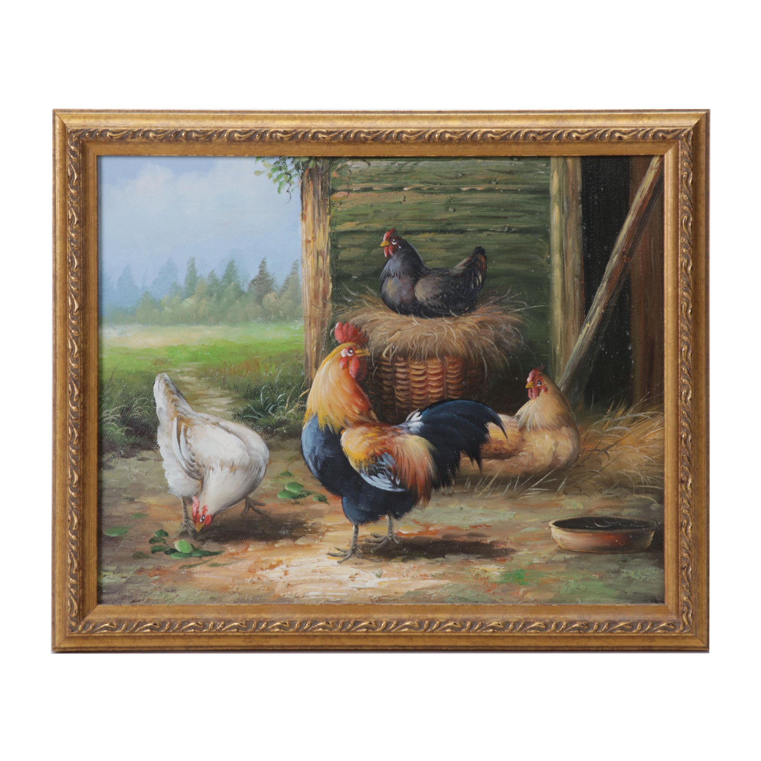 Folk Art Oil Painting of Rooster and Hens in Barnyard, Circa 2000