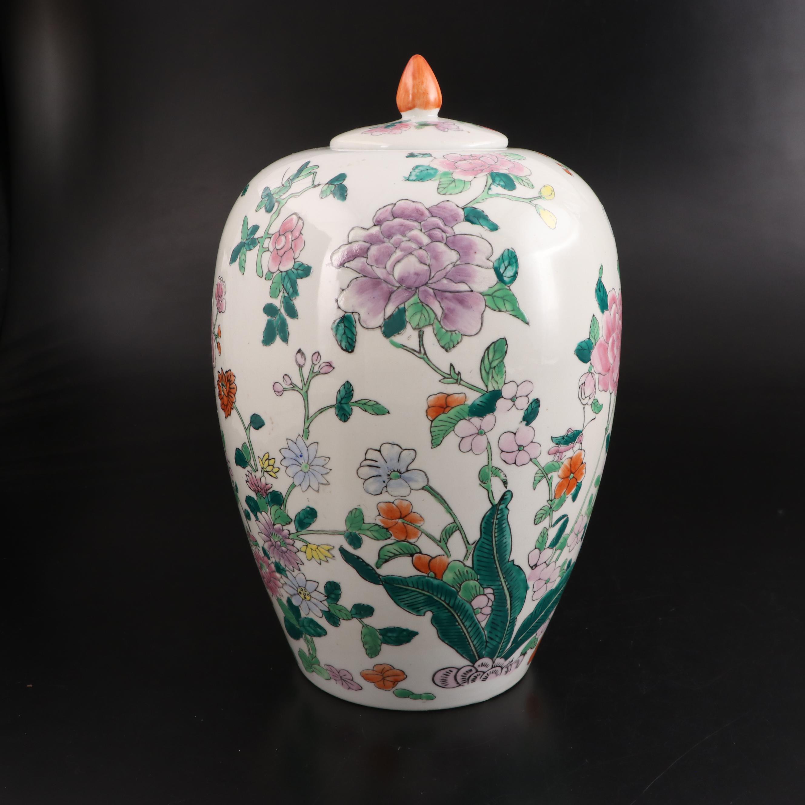 Pair of Chinese Floral Hand-Painted Porcelain Melon Jars