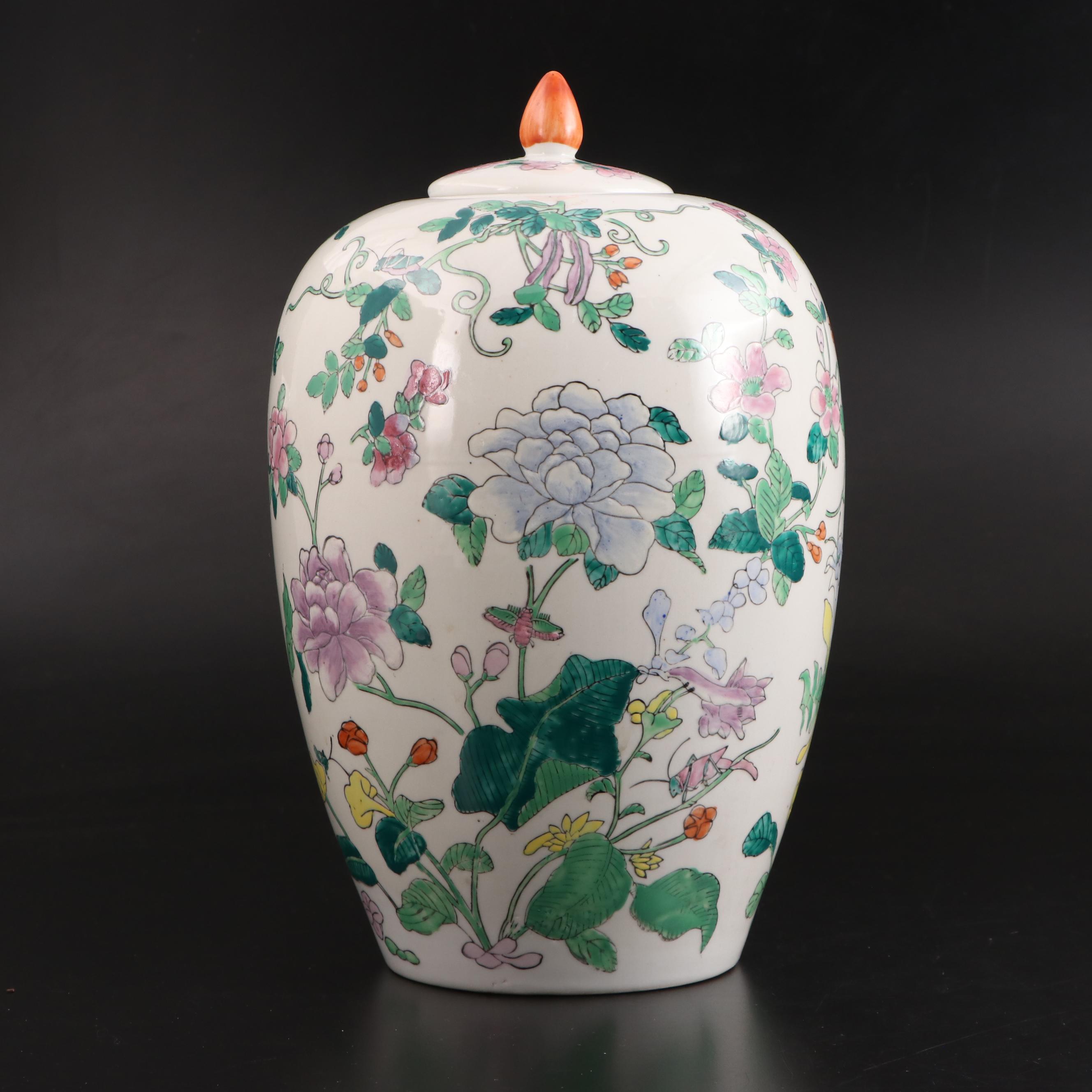 Pair of Chinese Floral Hand-Painted Porcelain Melon Jars