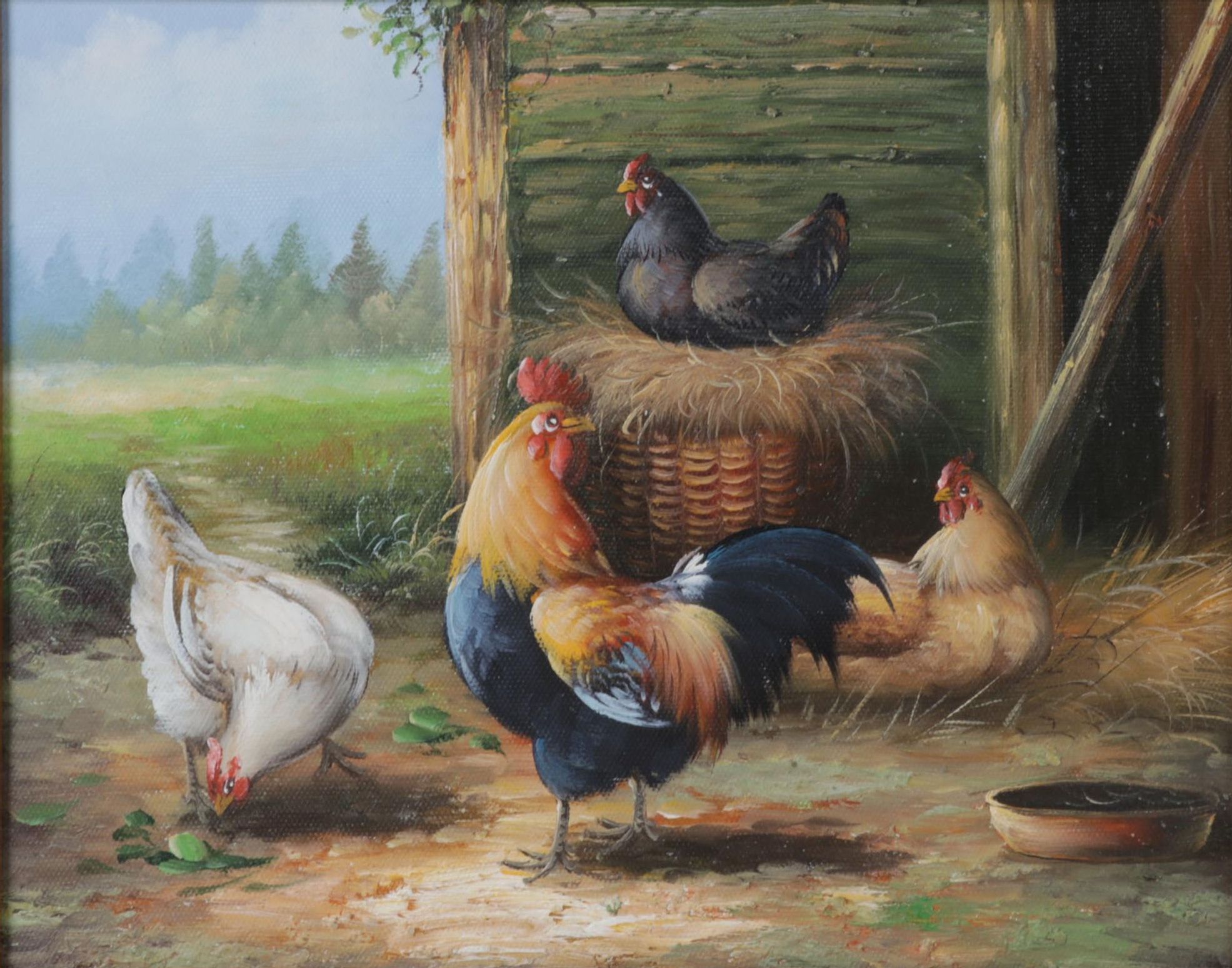 Folk Art Oil Painting of Rooster and Hens in Barnyard, Circa 2000