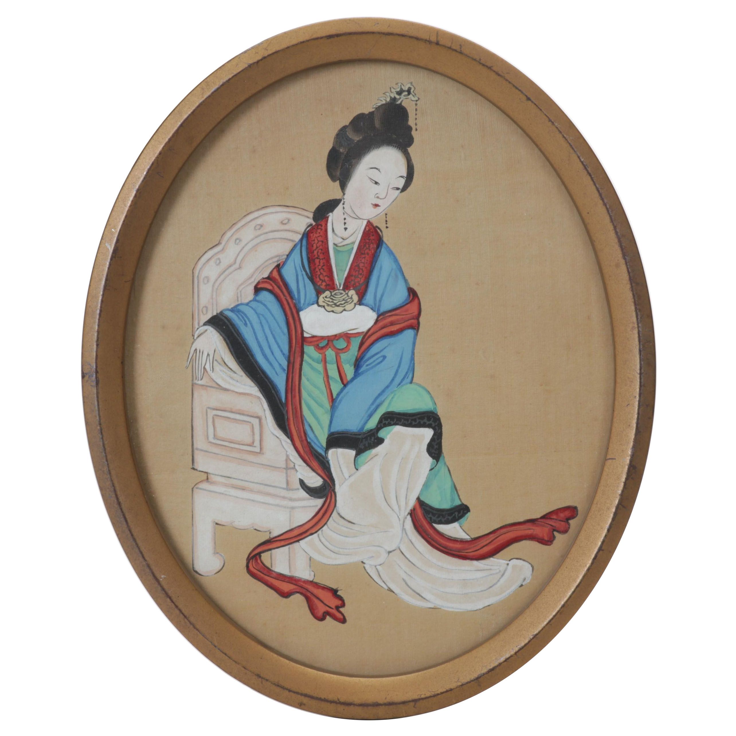 Chinese Female Portrait Gouache Painting on Silk Panel