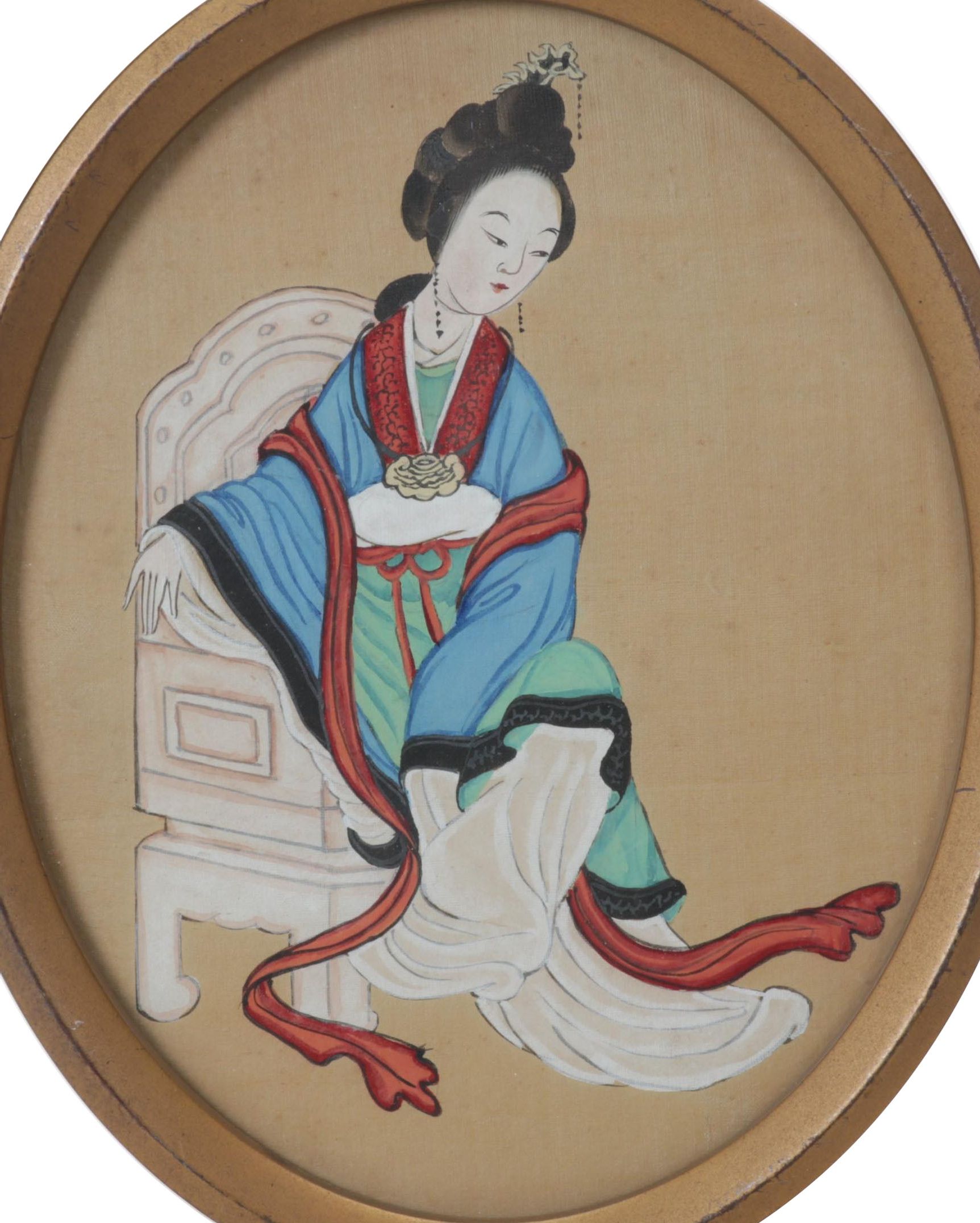 Chinese Female Portrait Gouache Painting on Silk Panel