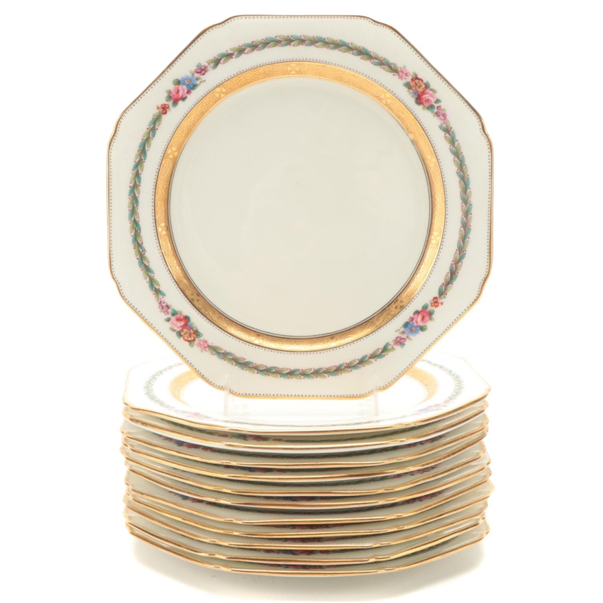 Cauldon Ltd. Gilt and Floral Band Octagonal Salad Plates, Early 20th Century