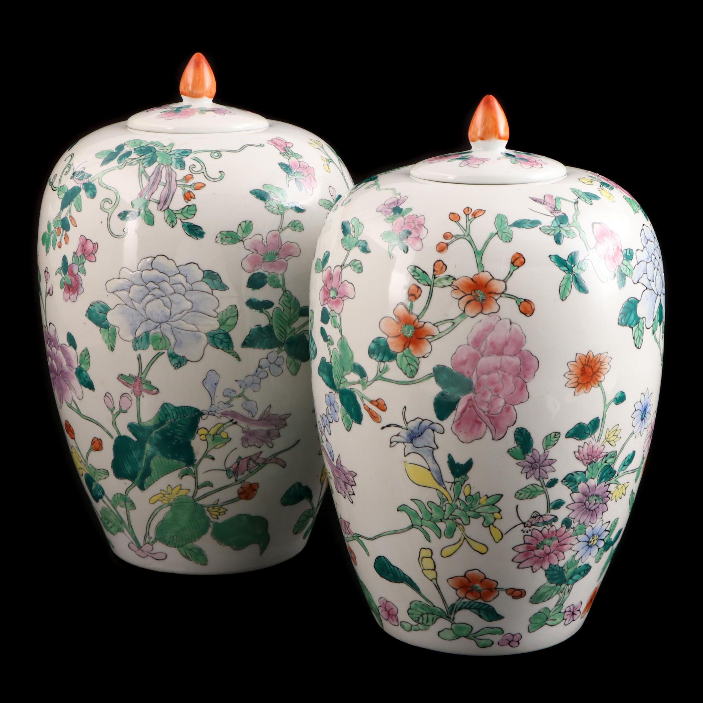 Pair of Chinese Floral Hand-Painted Porcelain Melon Jars