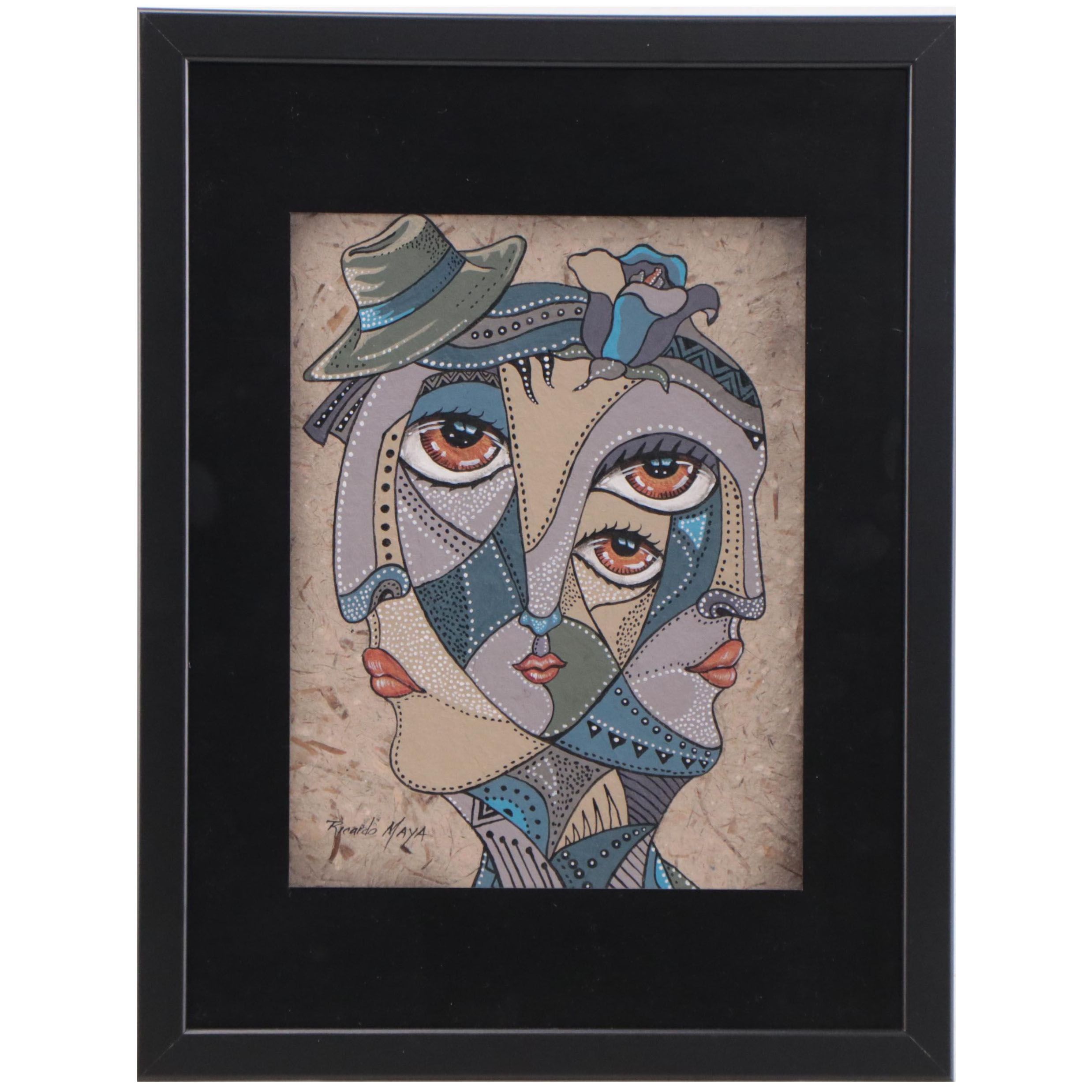 Ricardo Maya Portrait Mixed Media Painting, 21st Century