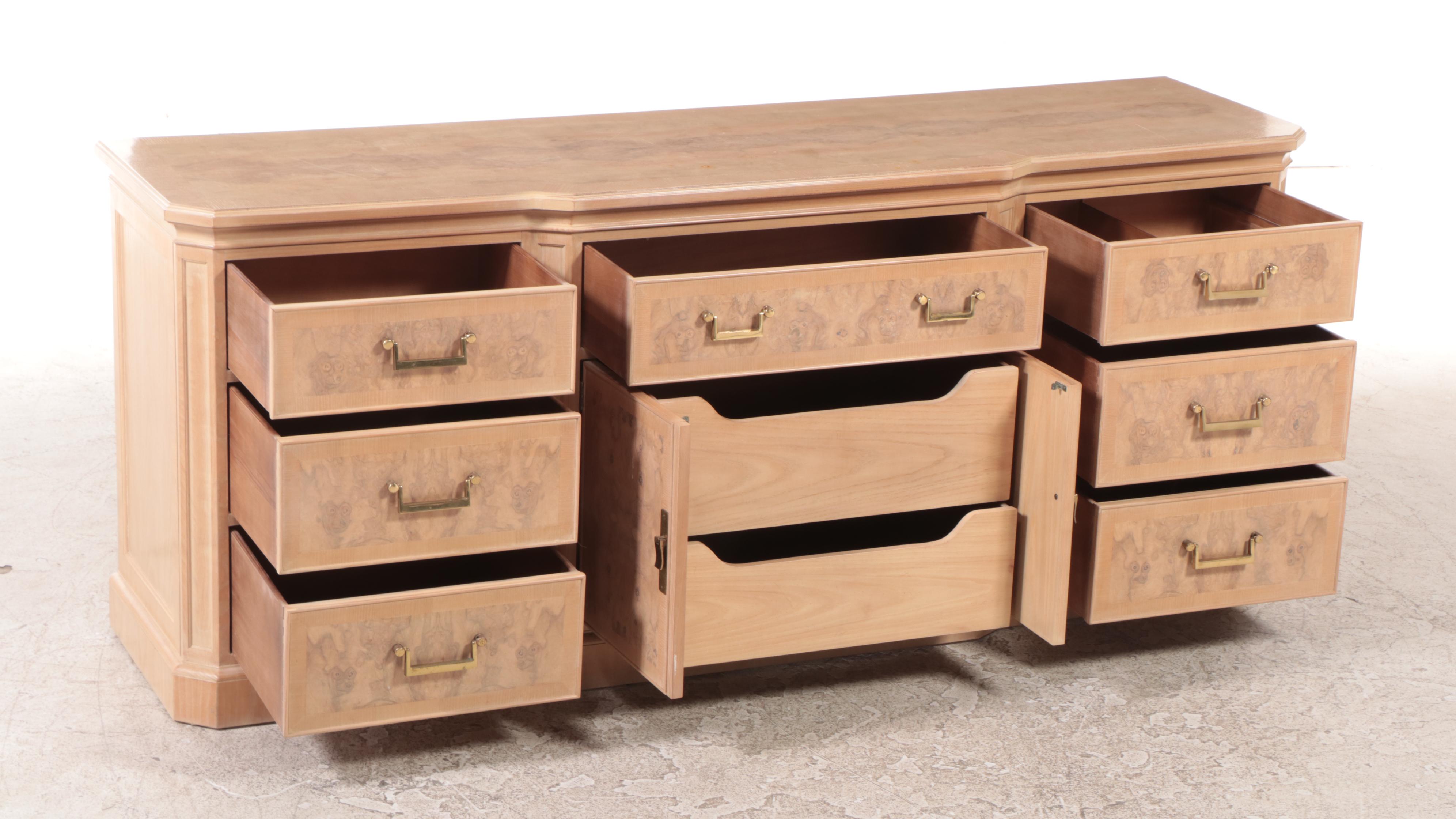 Drexel Heritage "Corinthian" Ash and Olive Ash Burl Nine-Drawer Chest