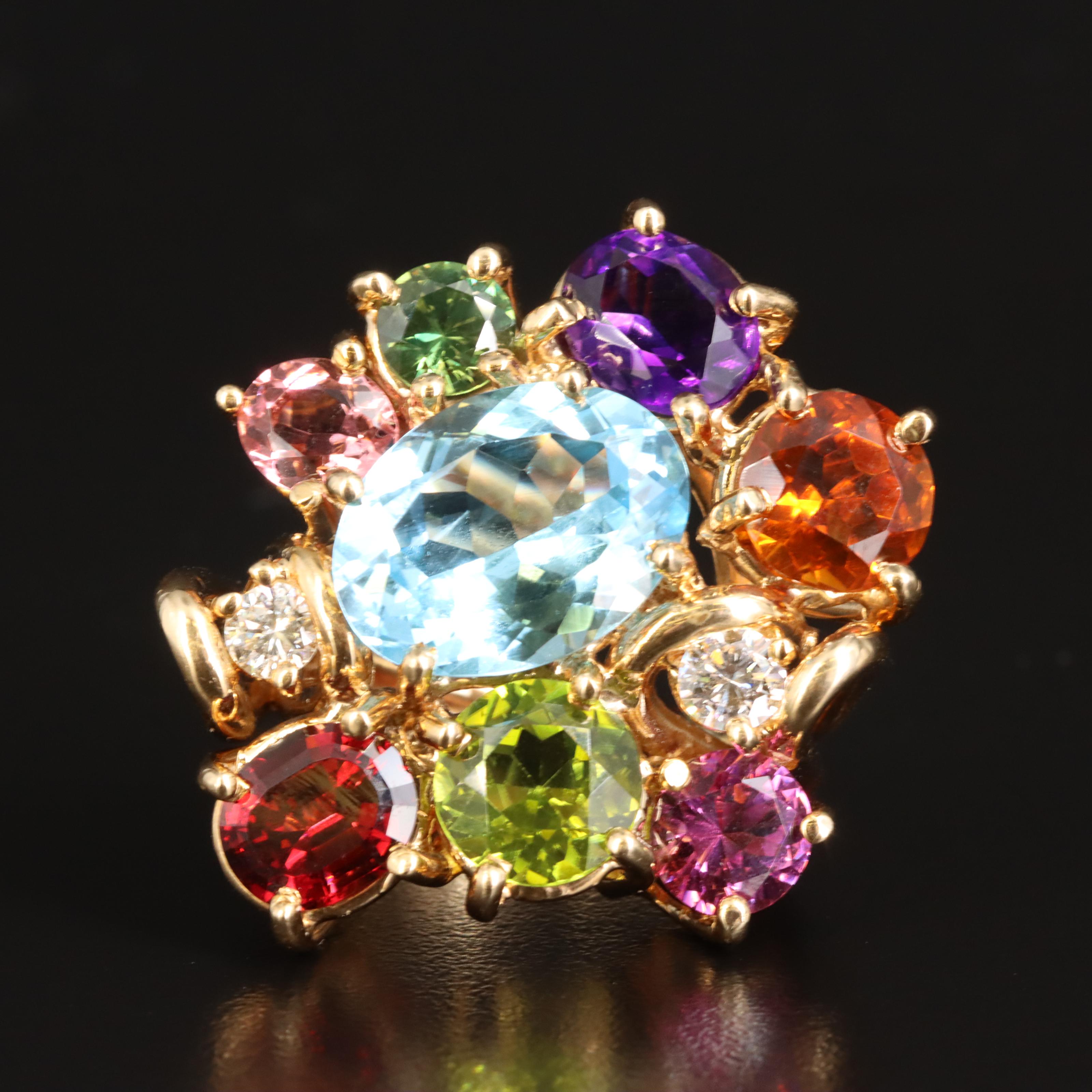 14K Topaz, Amethyst, Garnet, Tourmaline, Peridot, Citrine and Diamond Ring