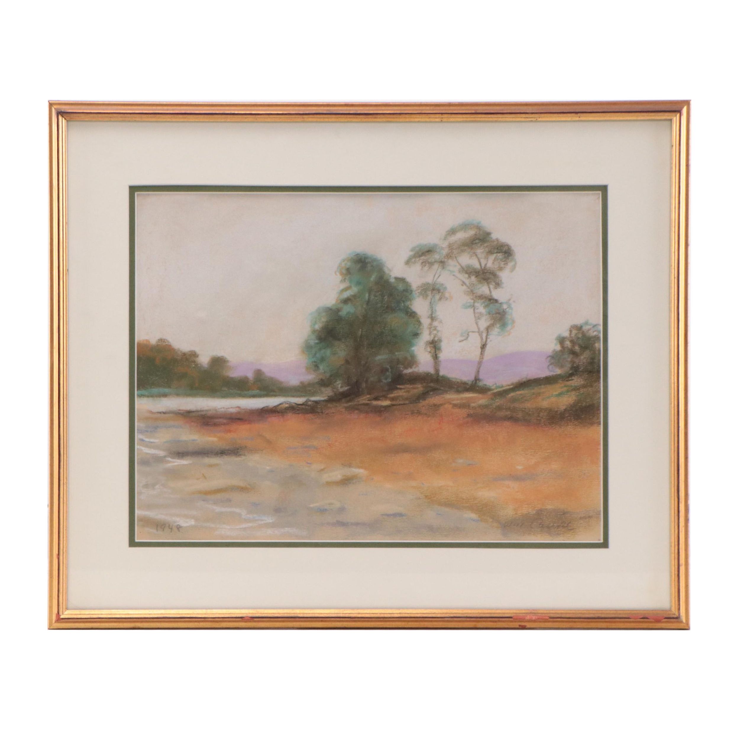 Will Carroll Pastel Drawing of River Landscape, 1948