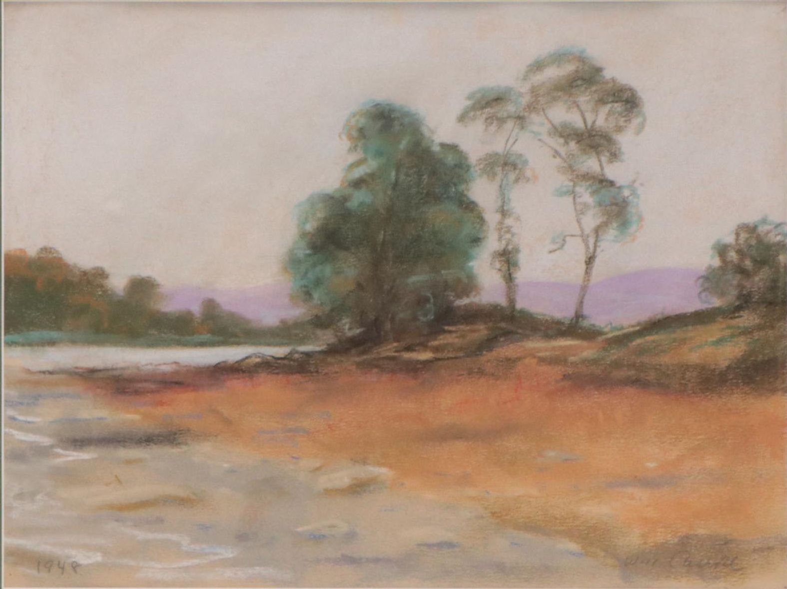 Will Carroll Pastel Drawing of River Landscape, 1948