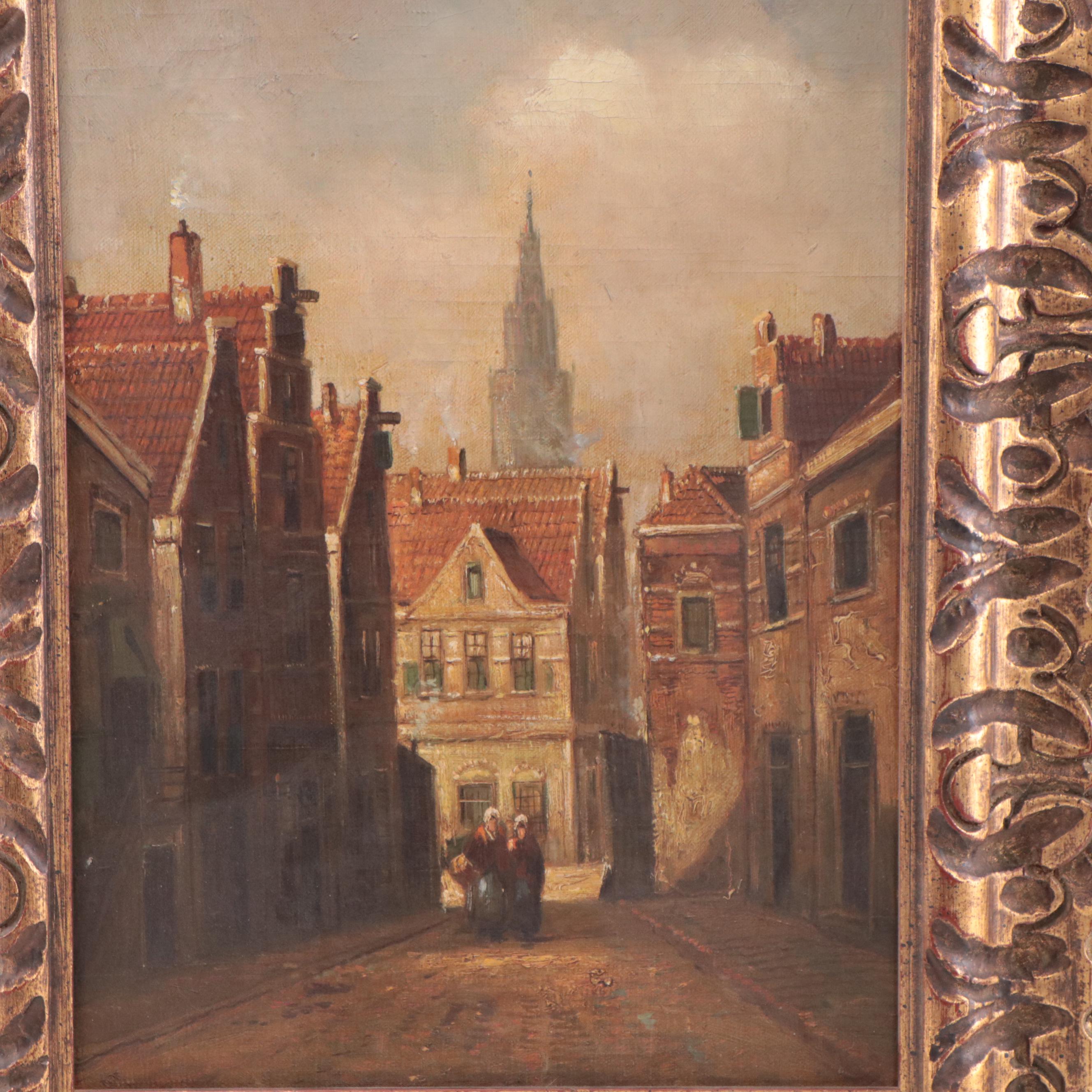 European City Scene Oil Painting, Mid-20th Century