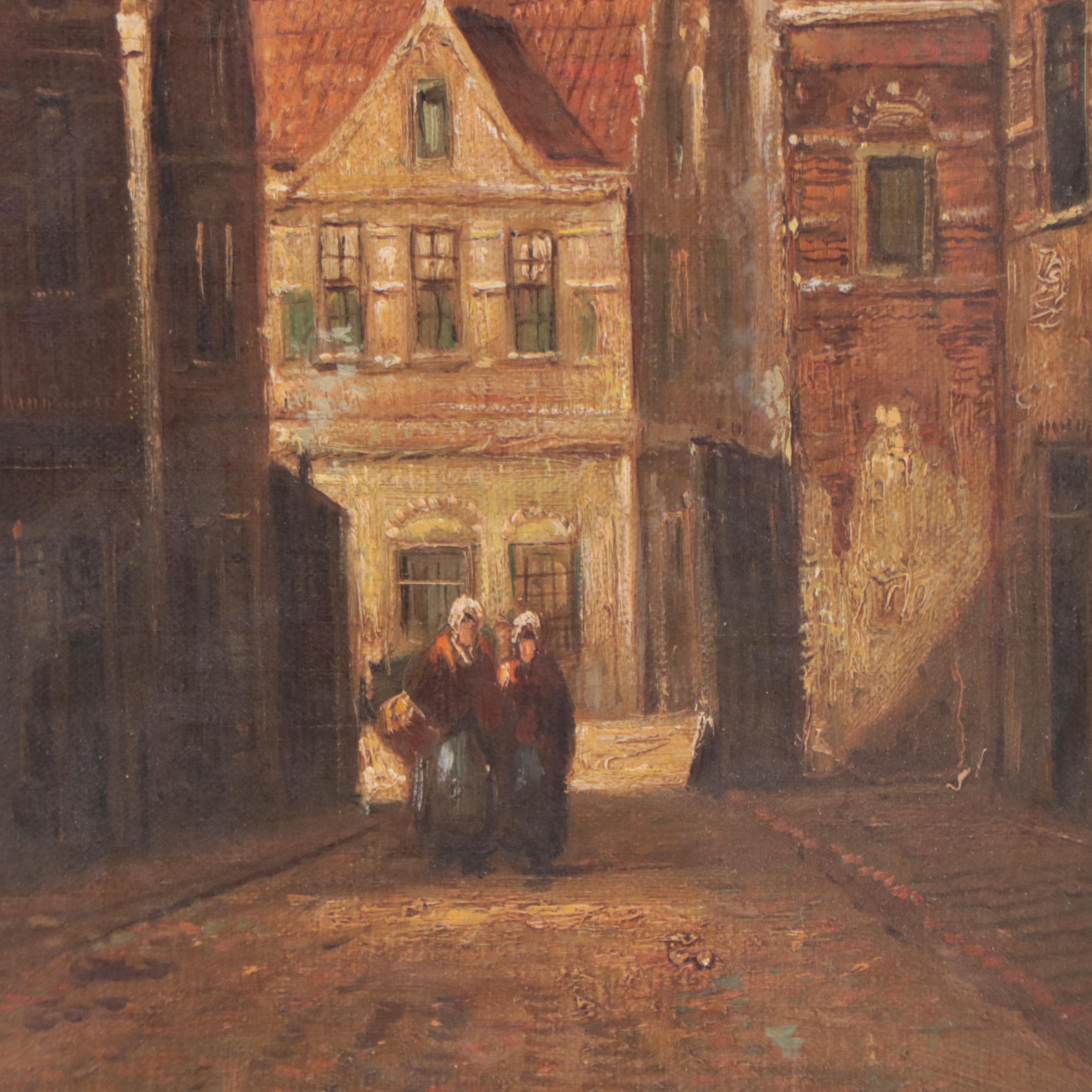 European City Scene Oil Painting, Mid-20th Century