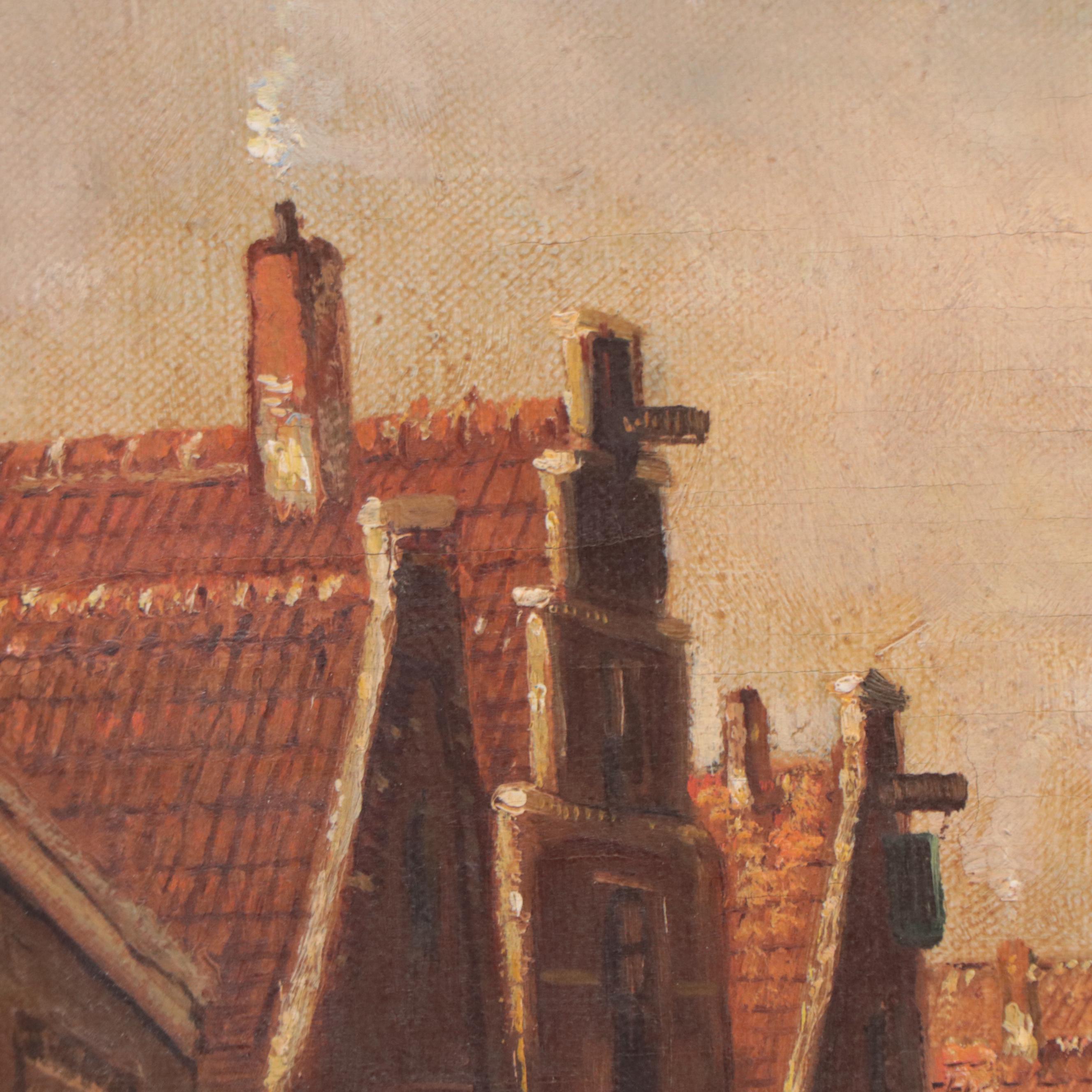 European City Scene Oil Painting, Mid-20th Century