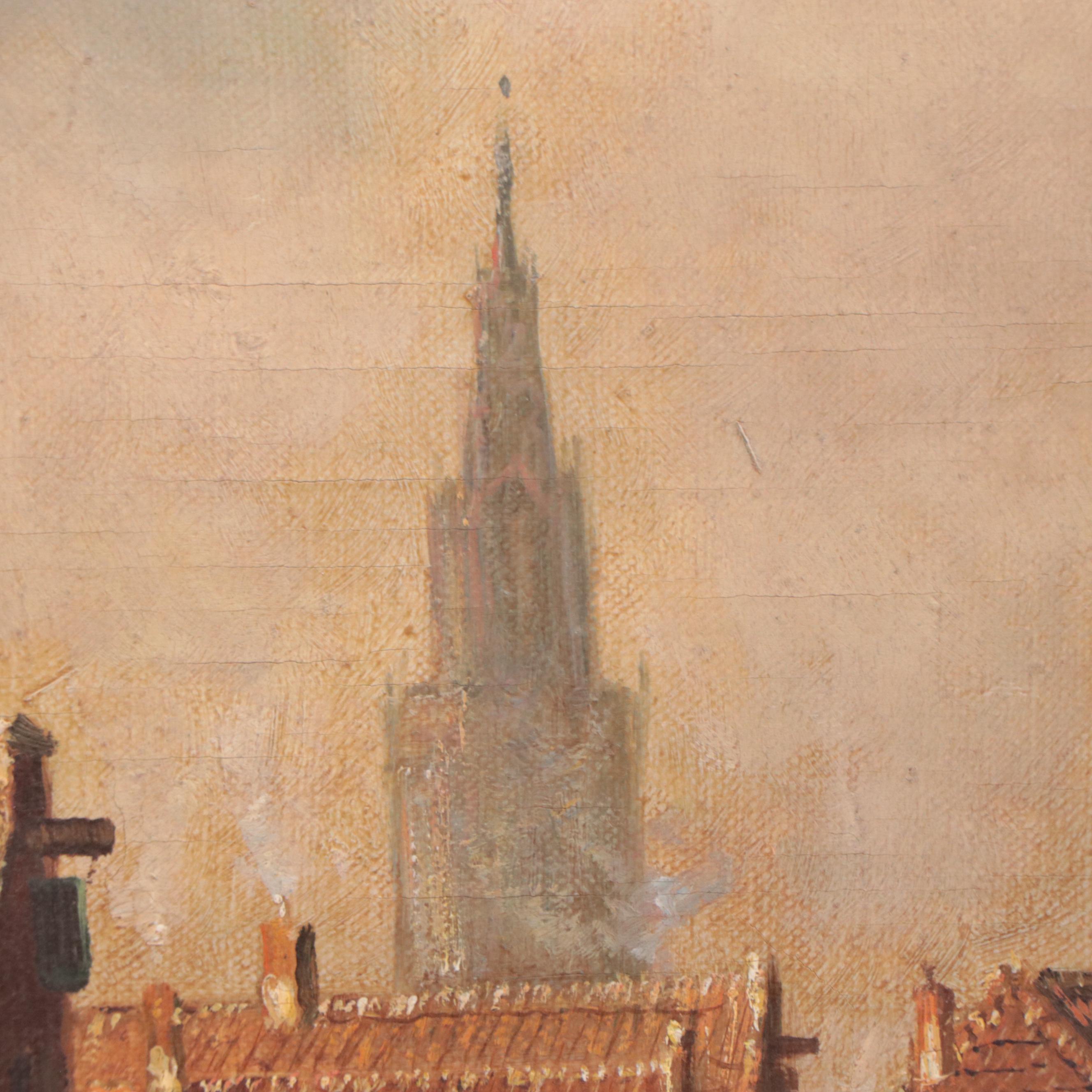 European City Scene Oil Painting, Mid-20th Century