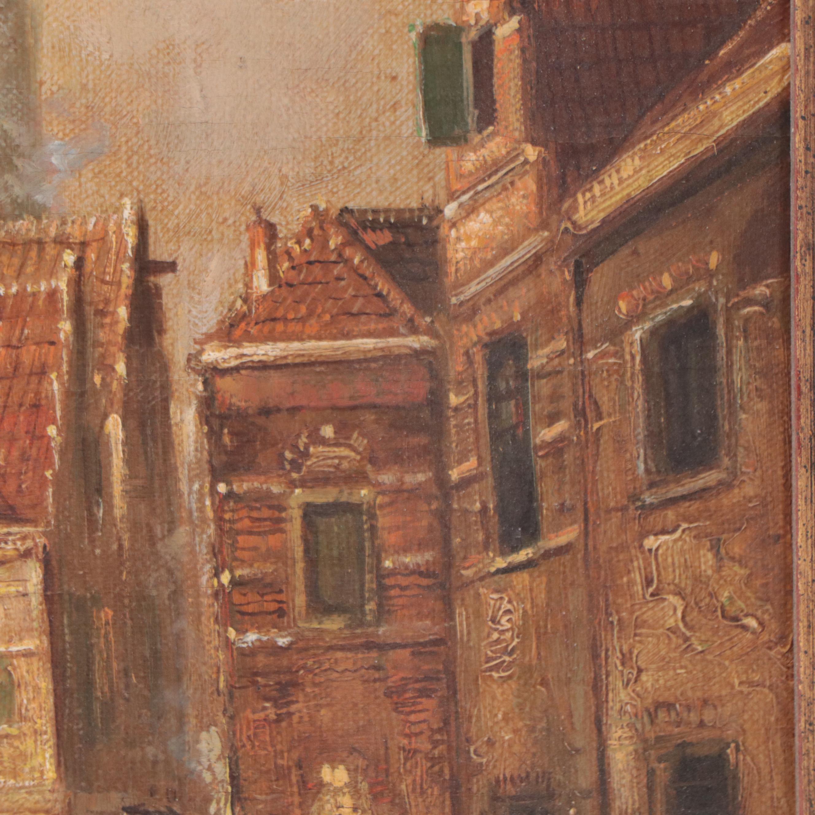 European City Scene Oil Painting, Mid-20th Century