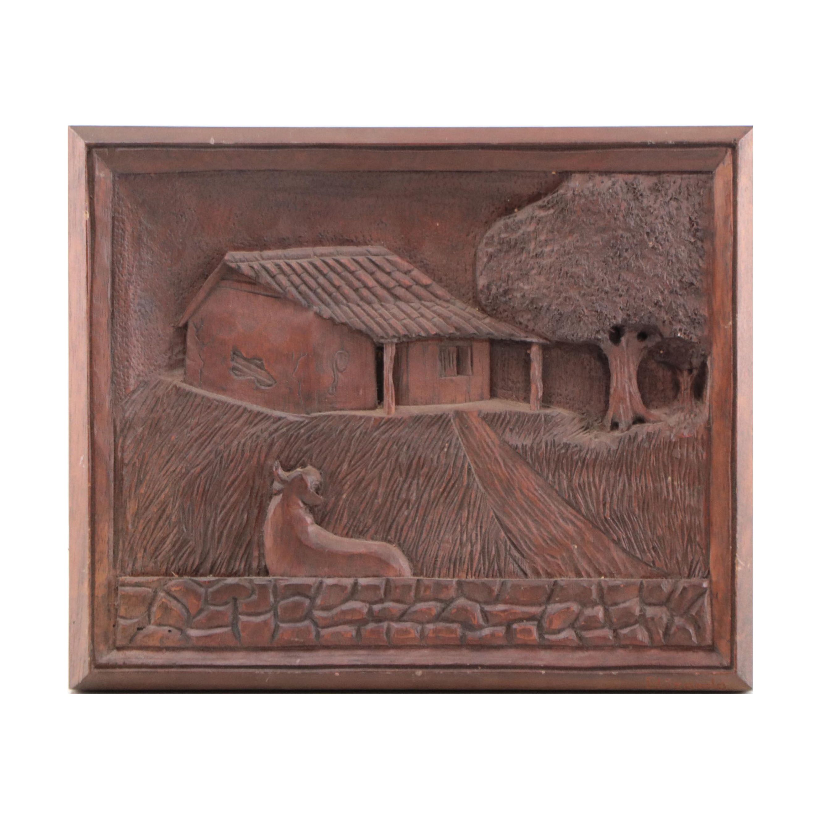 Wood Carving of Pastoral Landscape