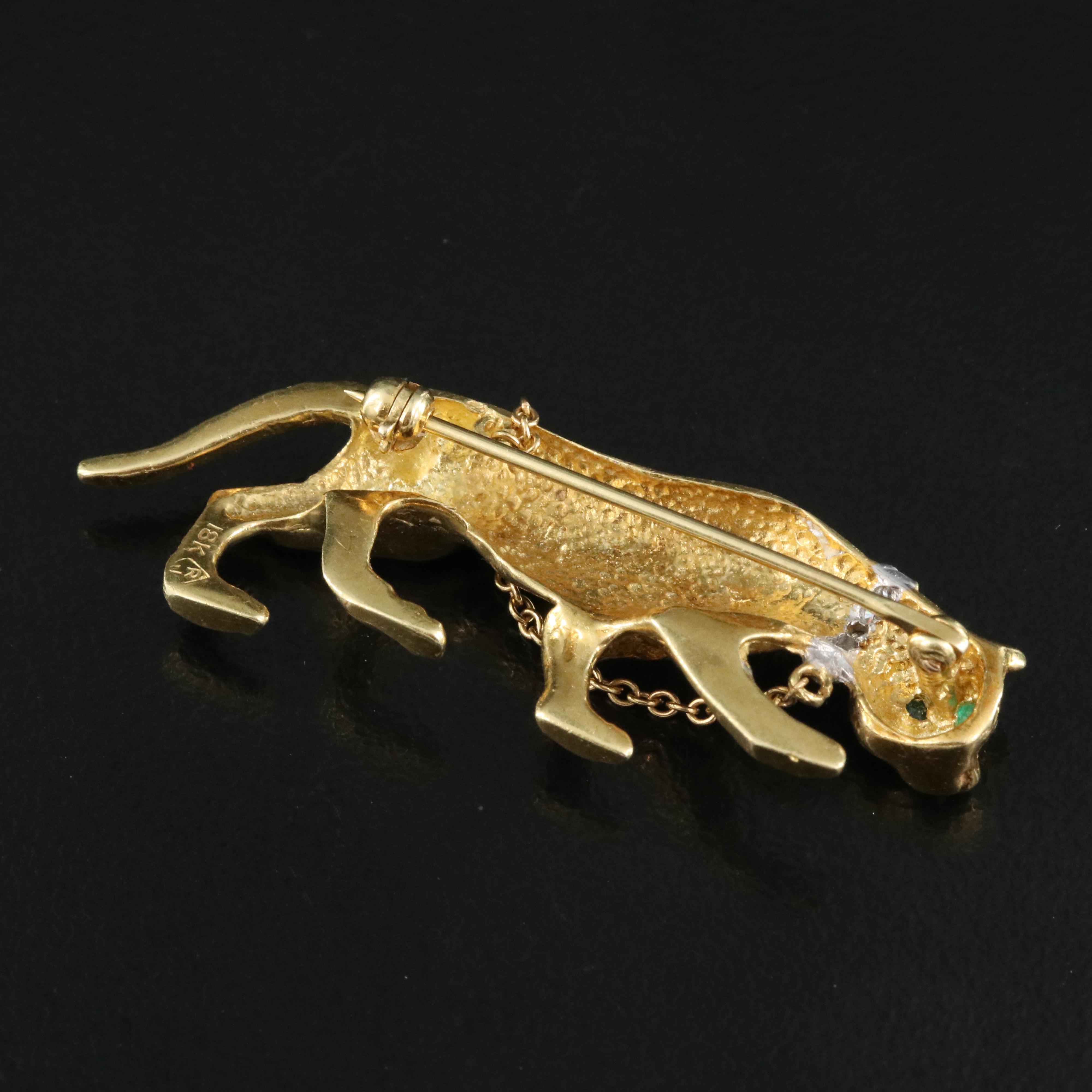 18K Diamond, Emerald and Enamel Ocelot Brooch
