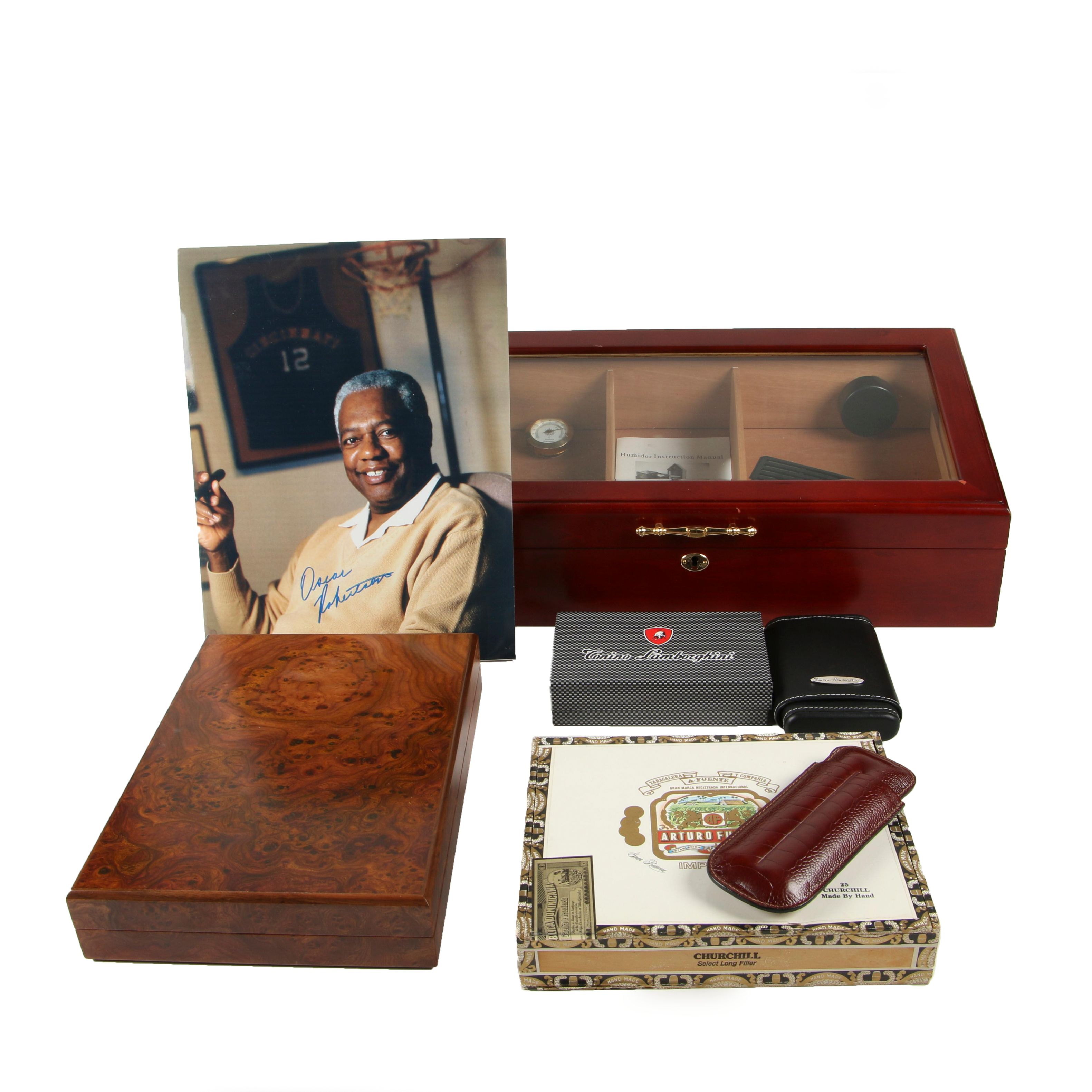Signed Oscar Robertson Photograph, Tabletop Cigar Humidor and Cigar Cases